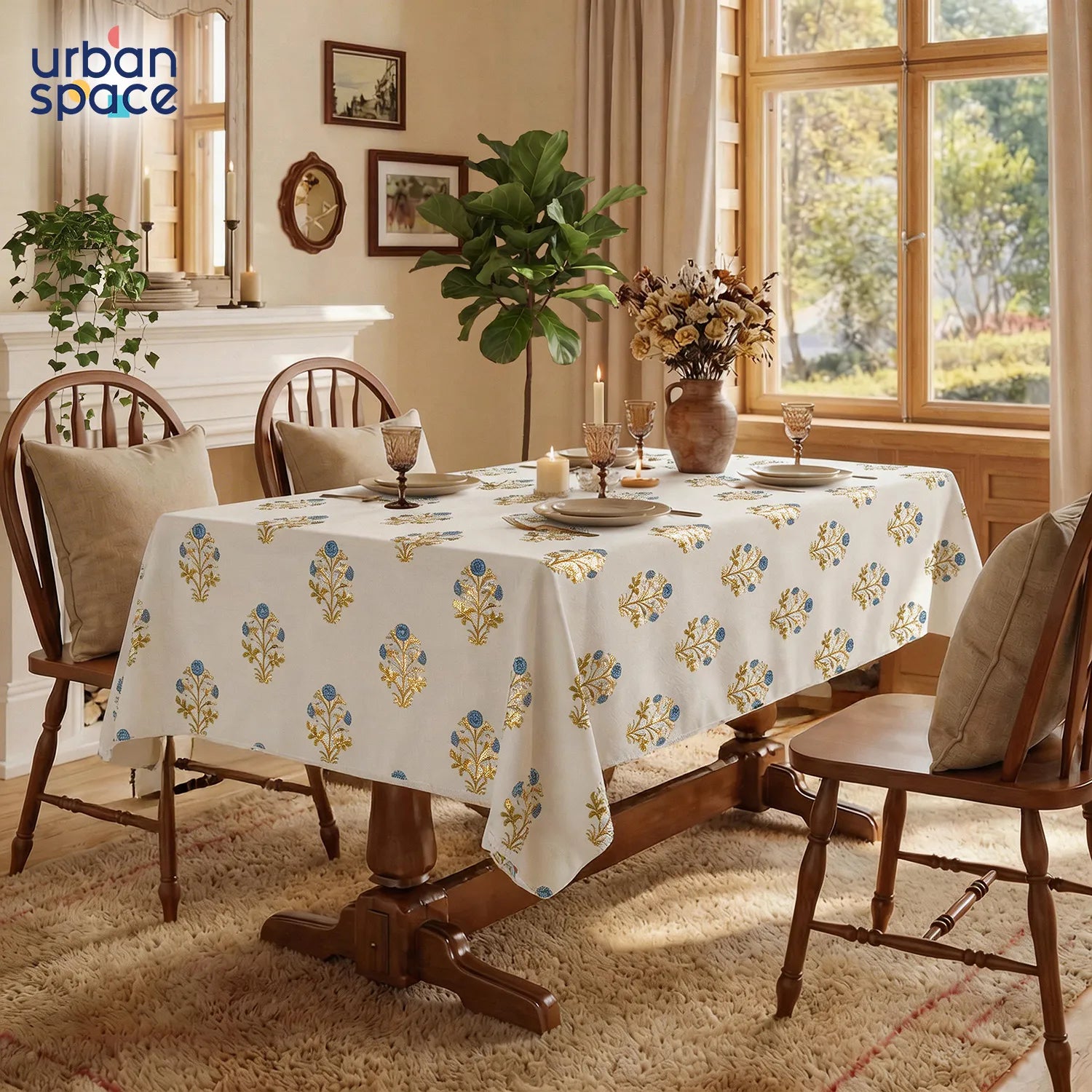 100% Cotton Table cloth/ table cover for 4 or 6 seater Dining / Centre Table - Zari Mohar Blue Gold