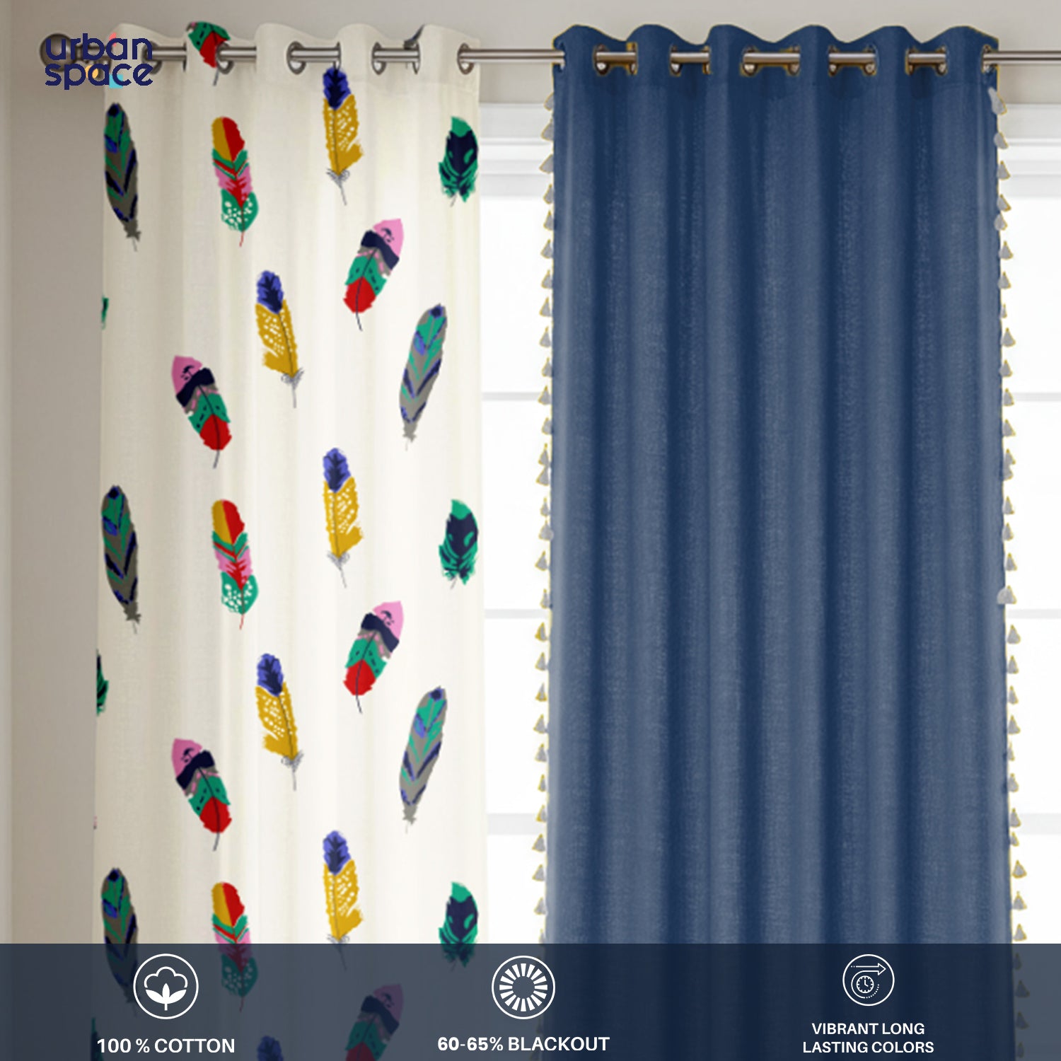 Cotton Curtains Combo, Set of 3 curtains, 60-65% Room Darkening Curtain - Dream Catcher & Aura Indigo