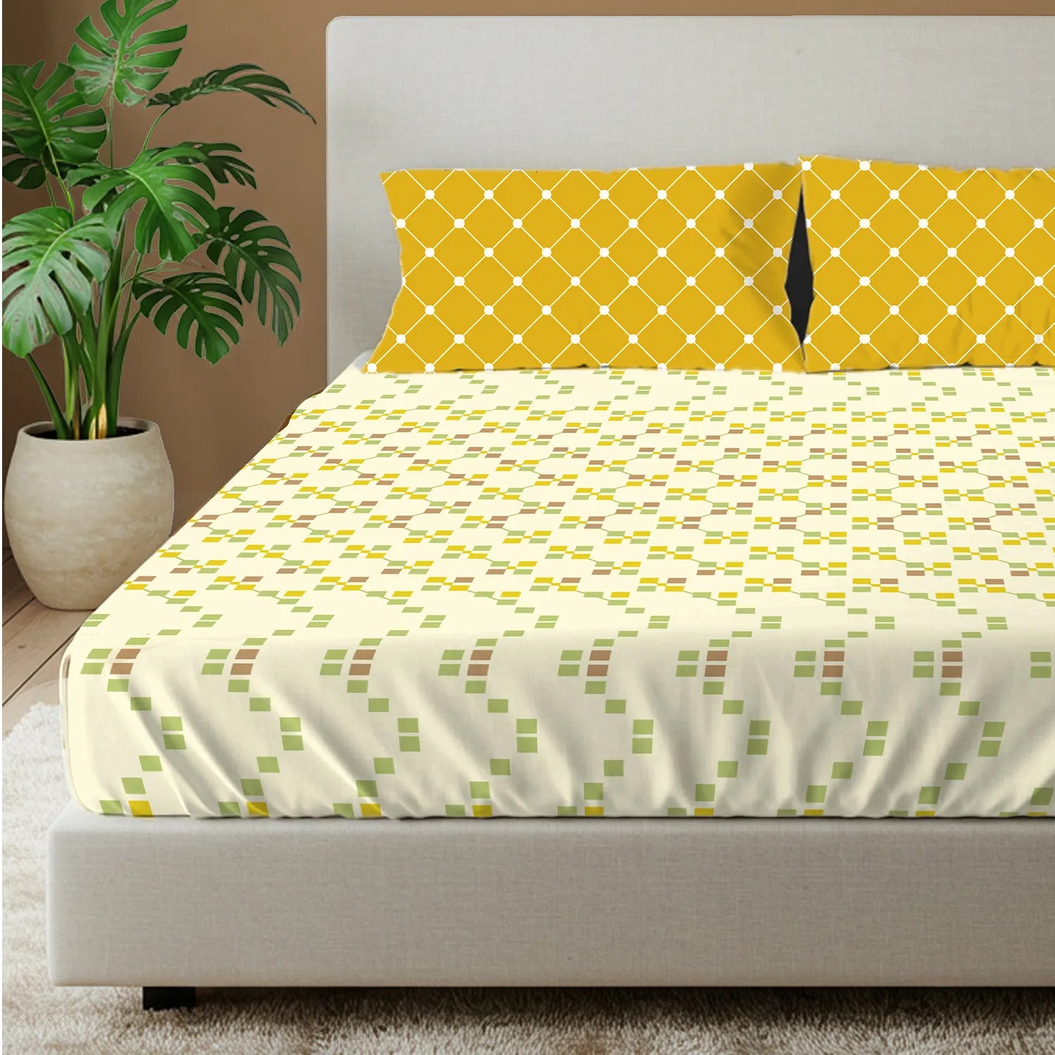 Divine Collection - Cotton Bedsheet With 2 Pillow Covers, Zen Blocks Yellow