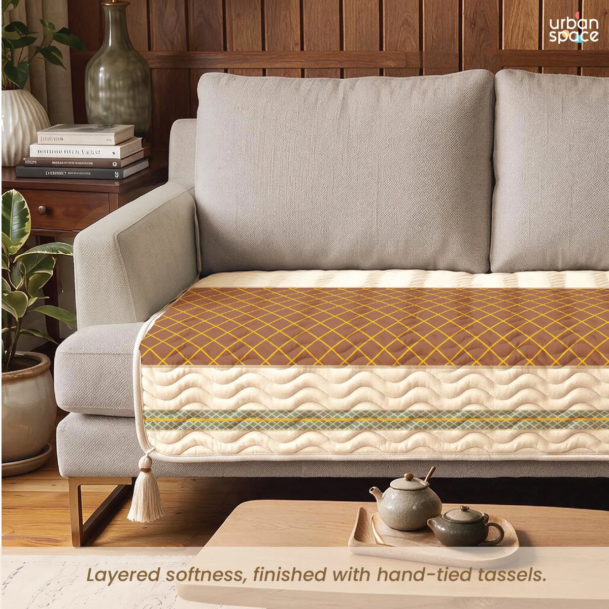 Anti Skid Quilted & Printed Velvet Sofa Mats with Tassels - Zari Jaal Brown