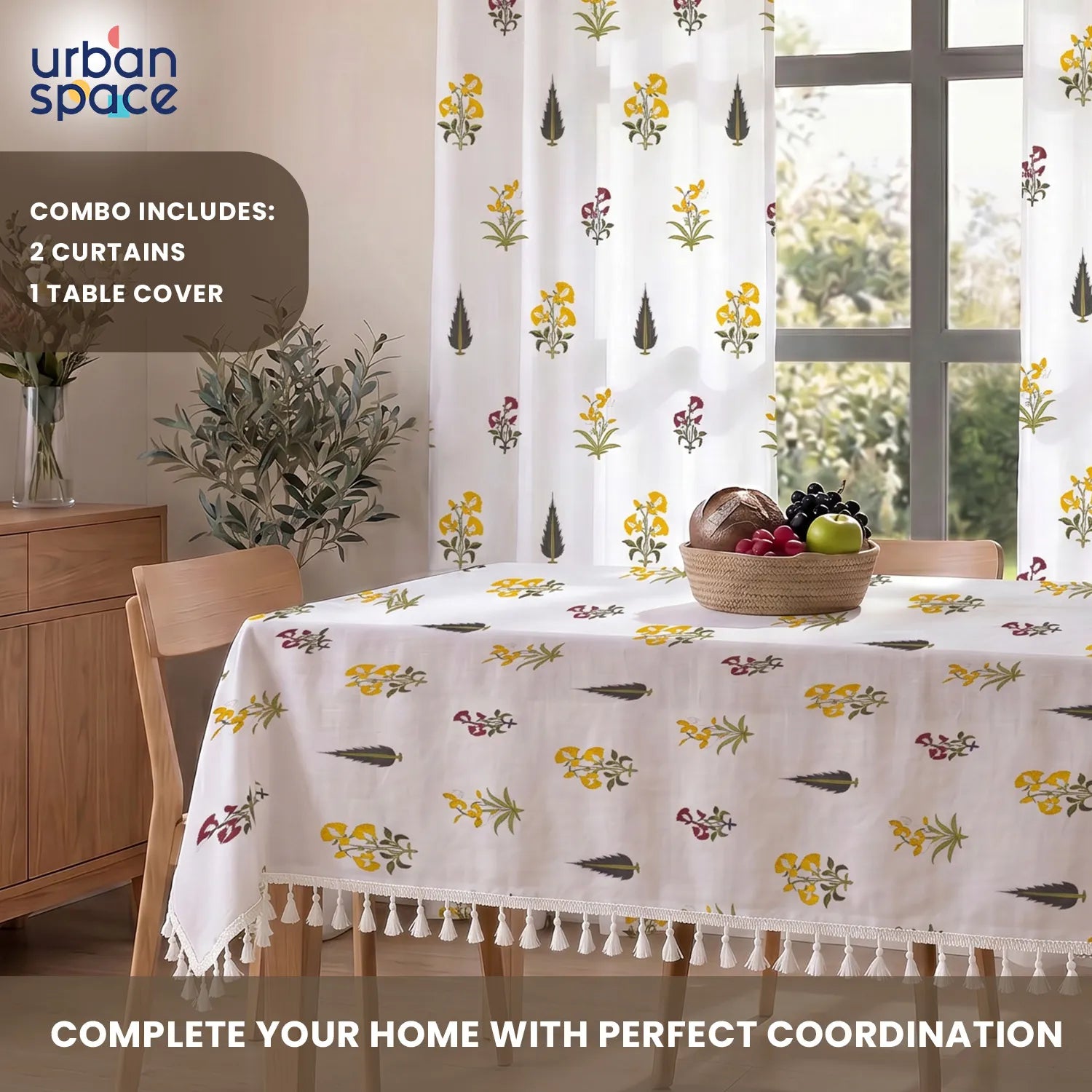100% Cotton Pack of 2 Curtains & Table Cover Combo for Living Room - High Garden Yellow