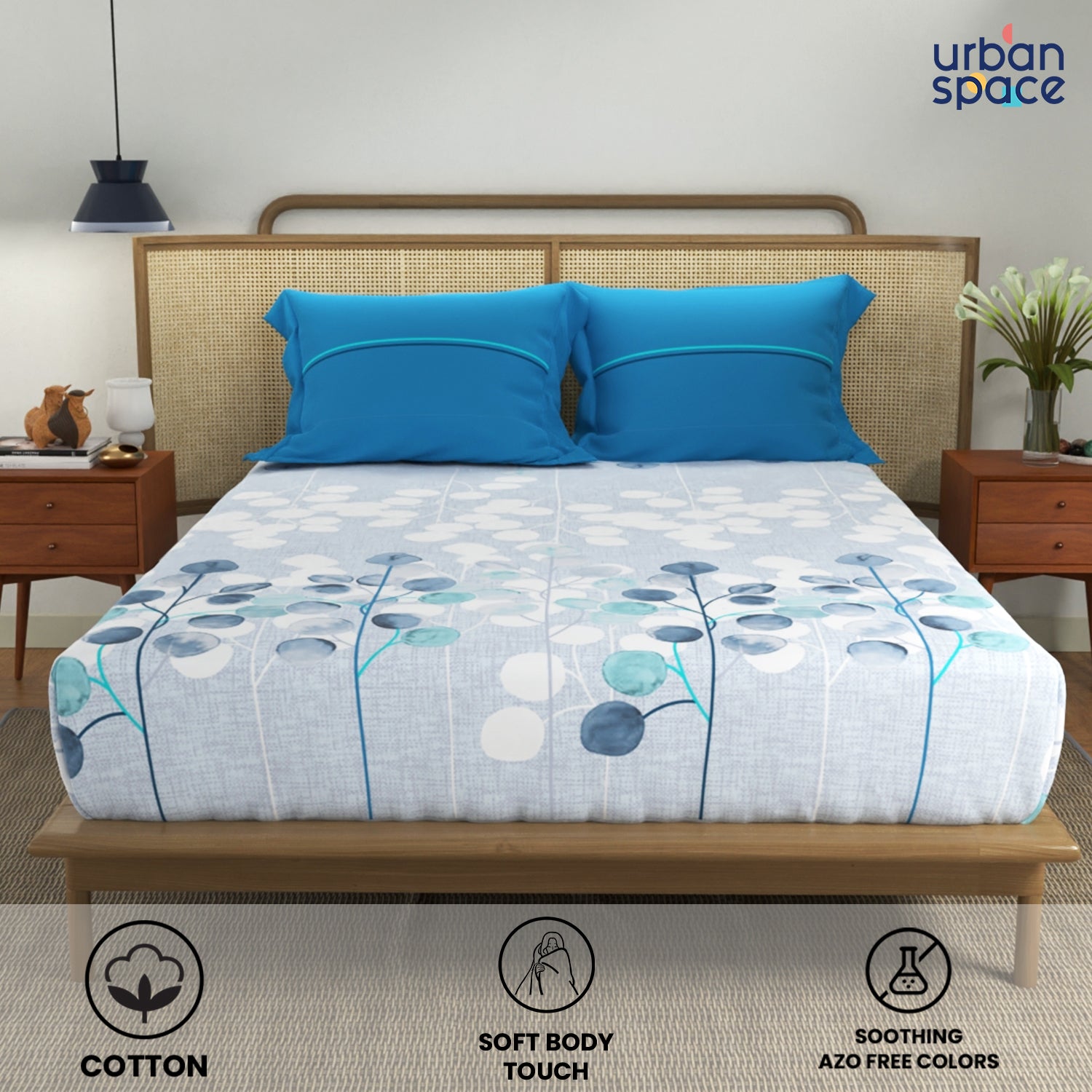 Divine Collection - 144 TC 100%  Cotton Double Bedsheet with 2 Pillow Covers, Mars Turquoise