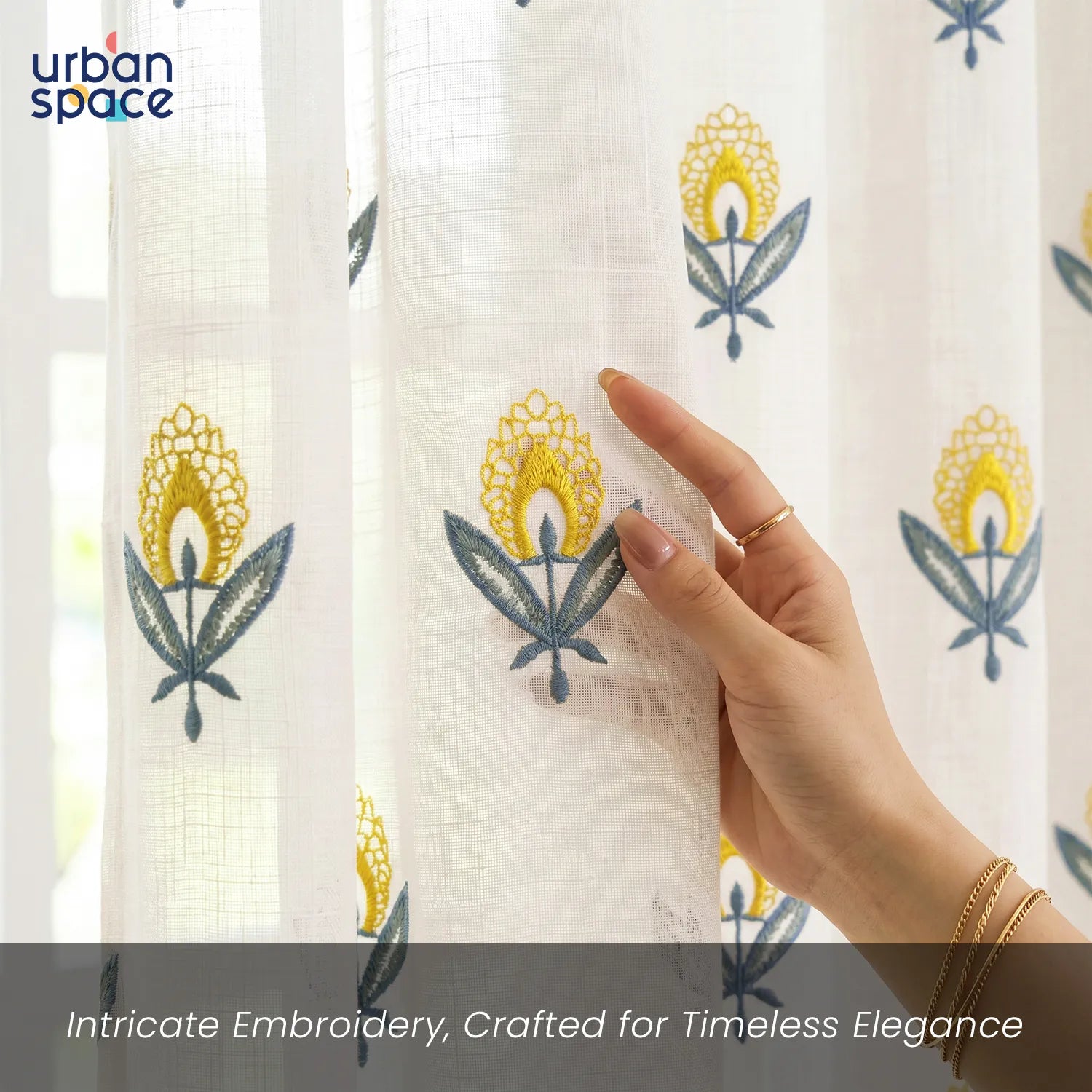 Aari Collection Woven Sheer Curtains, 50-55% Light Filtering Curtains - Pack of 1 - Saanjhi Yellow Teal