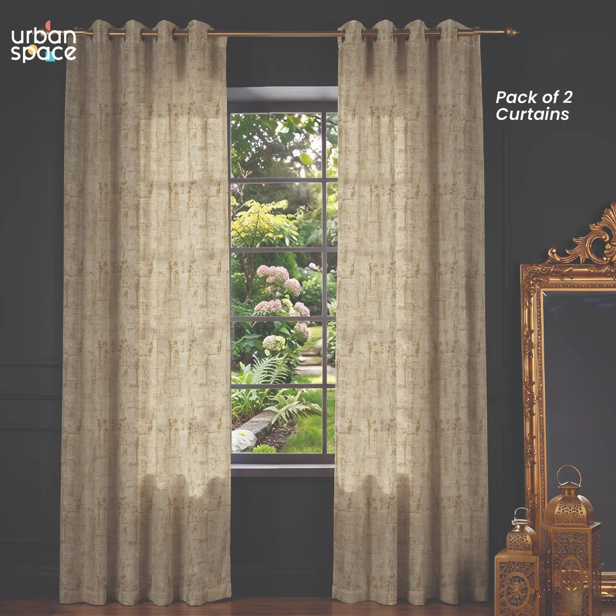 Premium Jacquard Curtains, 60% Light Blocking Door Curtains, Pack Of 2 - Dusk Beige