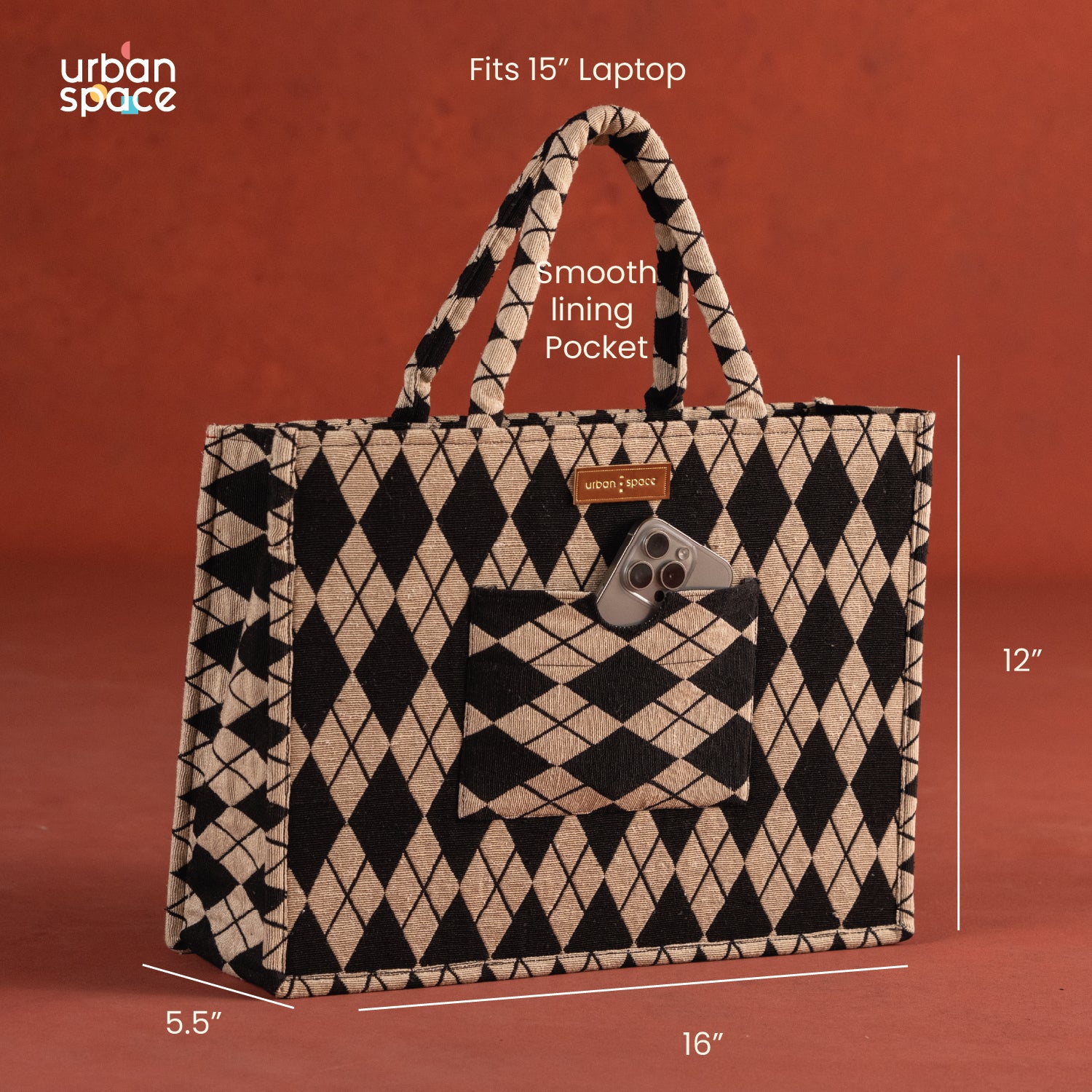 Sustainable Office and Casual Travel Bag for her in Gift Box, Black Diamonds