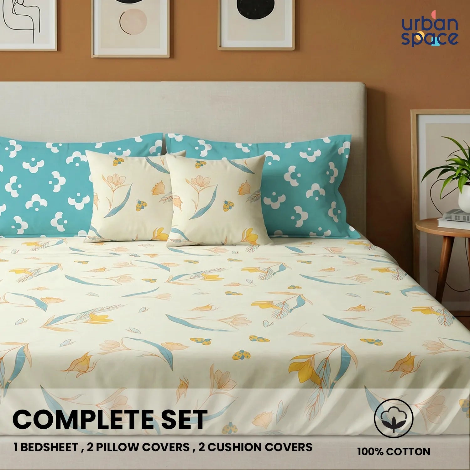 5 PC Cotton Double Bedsheet Set with 2 Pillow + 2 Cushion Covers - Sprinkle Buttercream