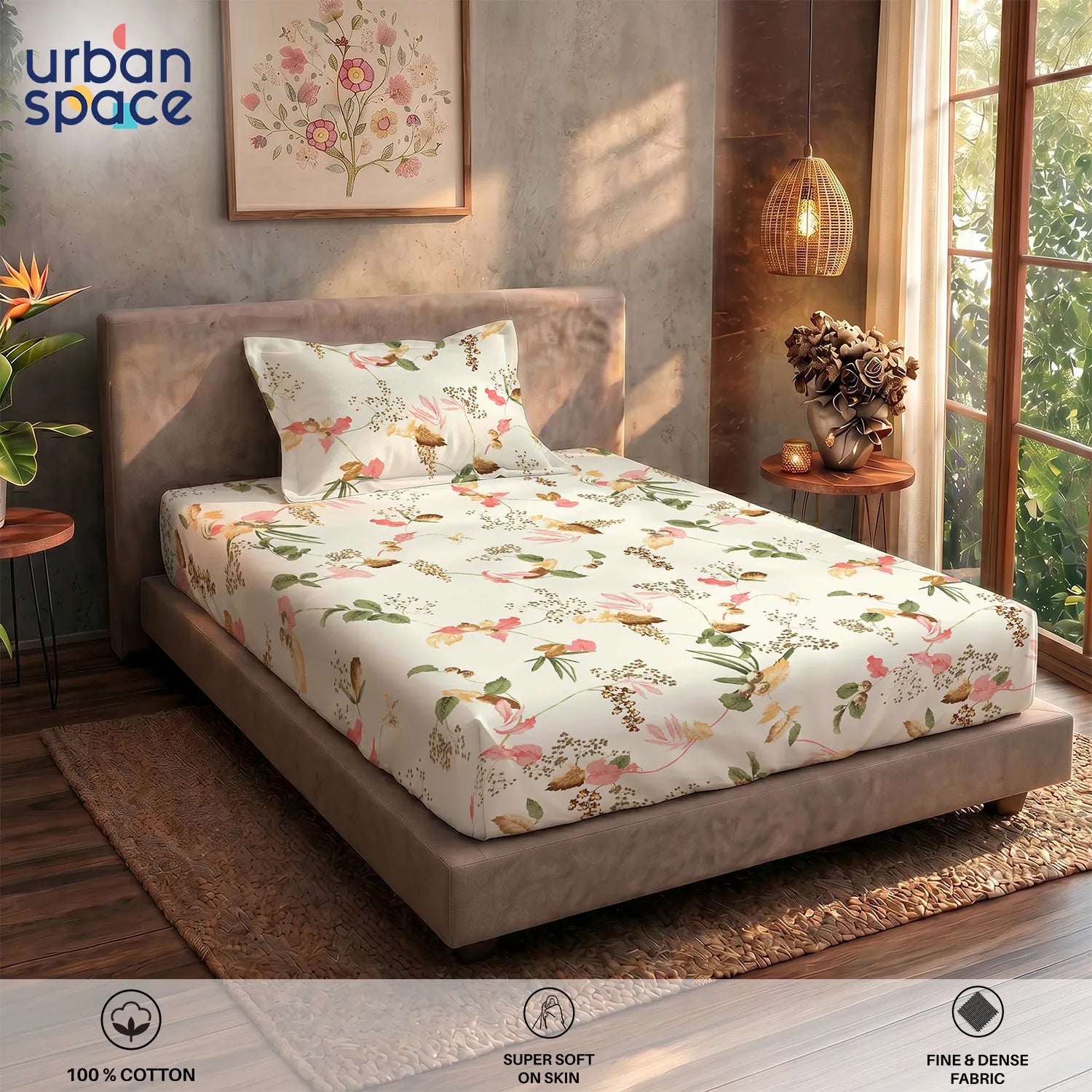 Regal Collection - Breathable 200 TC 100% Pure Cotton Single Bedsheet with Pillow Cover, Cherry Blossom- Peach