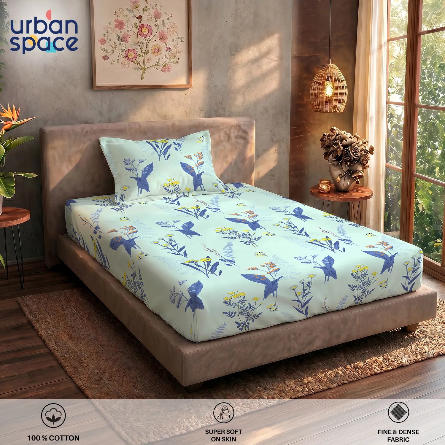 Serene 200 TC 100% Cotton Single Bedsheet with Pillow Covers - Whisper Mint Blue