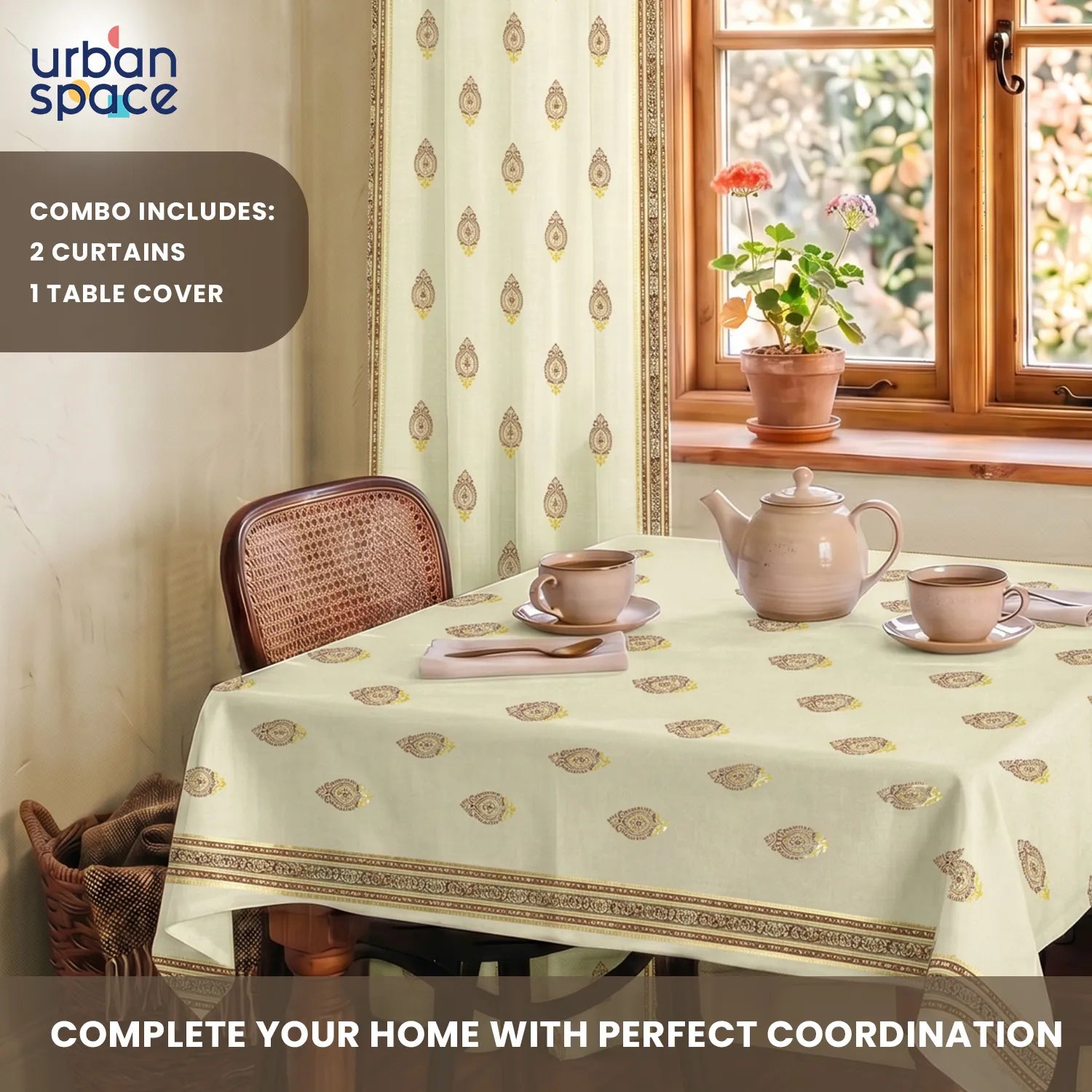 100% Cotton Pack of 2 Curtains & Table Cover Combo for Living Room - Zari Buta Brown Gold