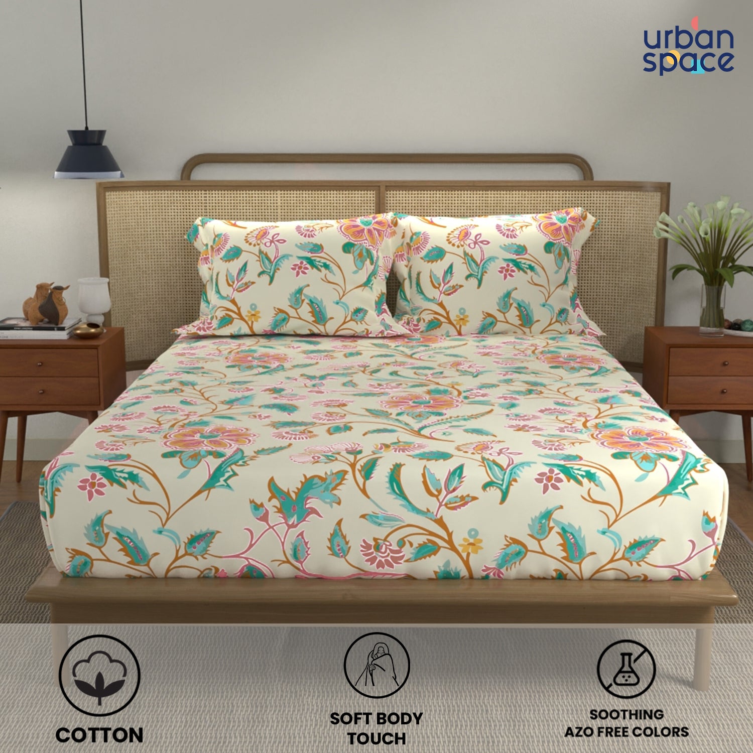 Divine - 100%  Cotton Double Bedsheet with 2 Pillow Covers - Monsoon Buttercream