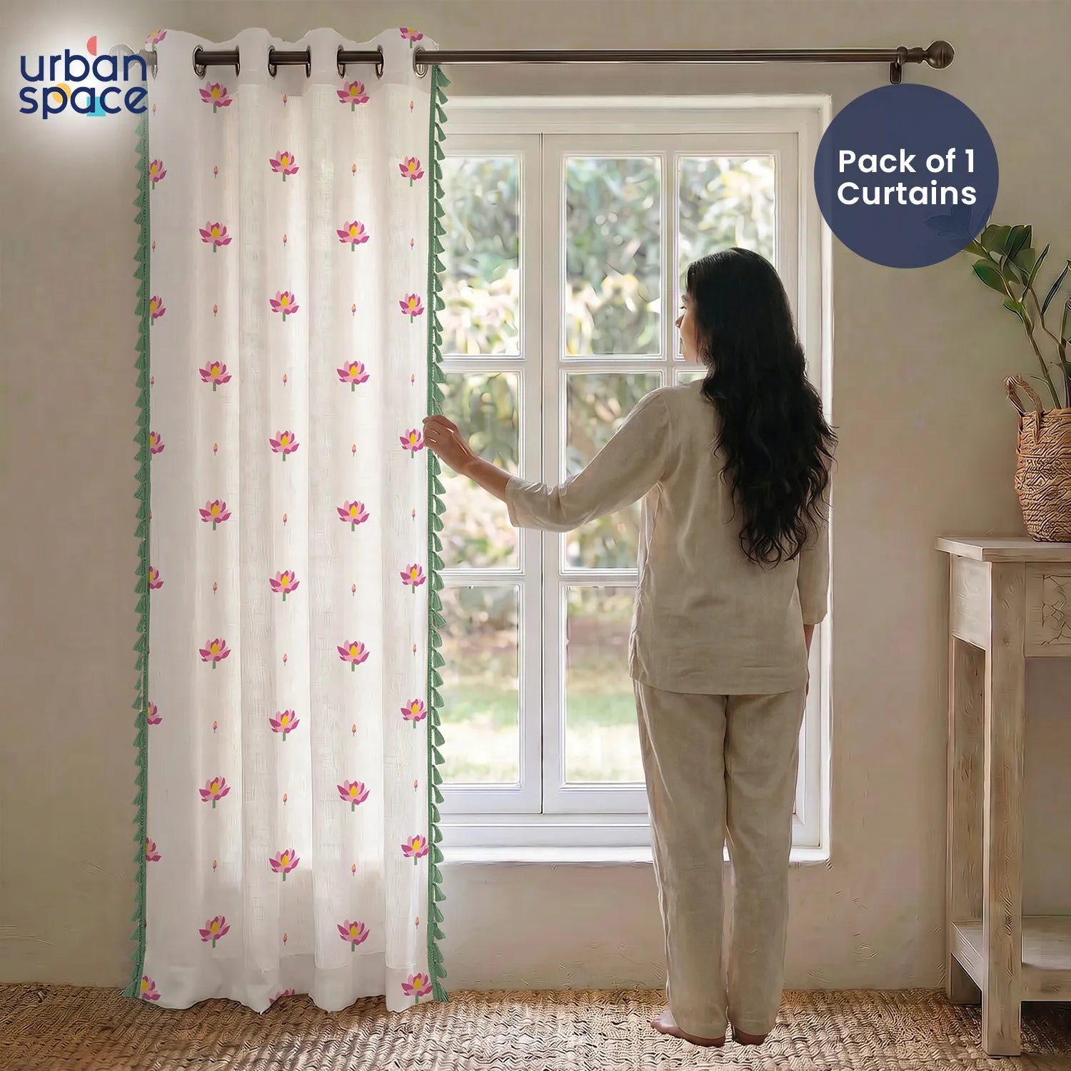 Premium 100% Cotton Curtain for Window & Curtains for Door - Pack of 1 Curtain, Lotus Aura Pink