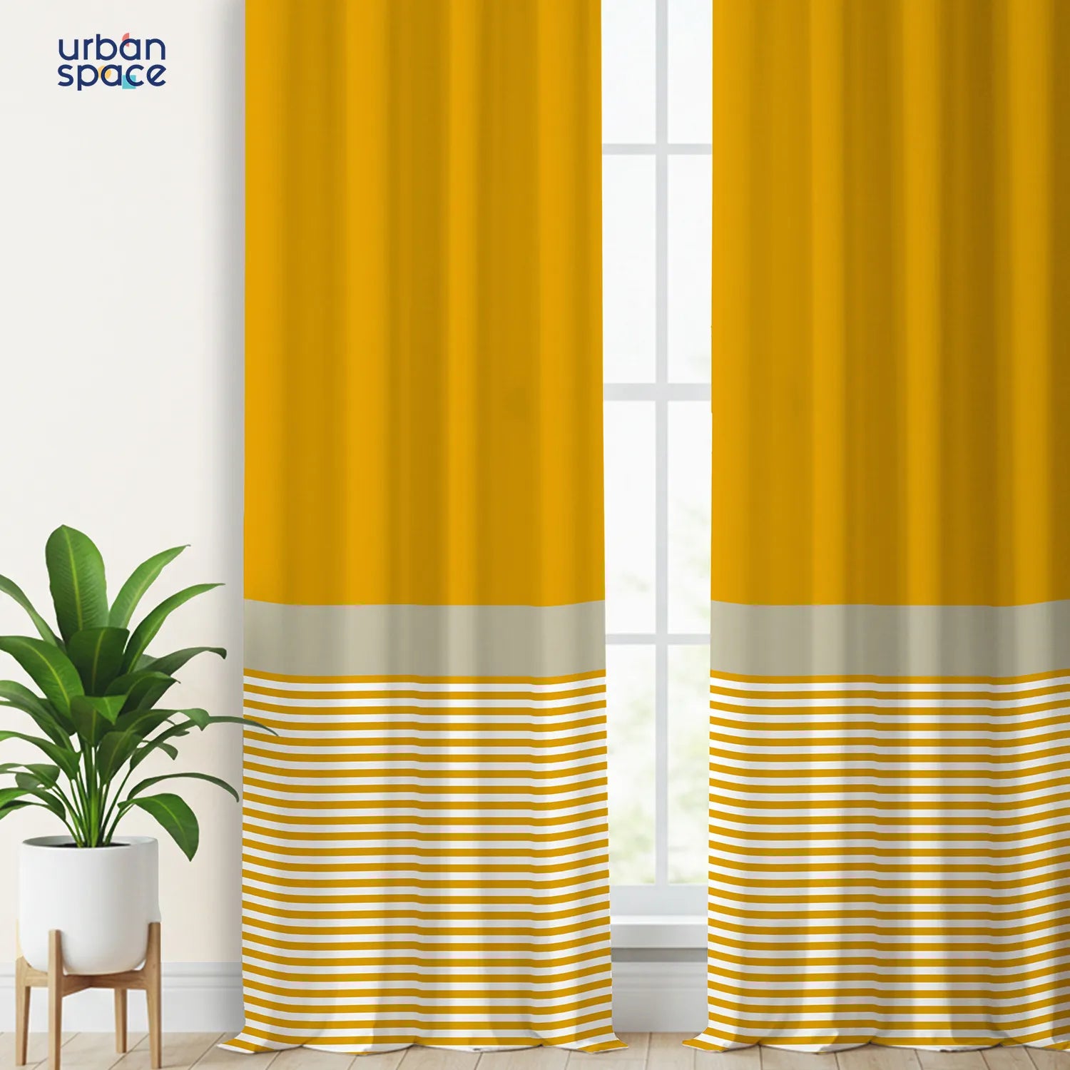100% Cotton Panel Curtains for Living Room, Bedroom Curtains, Pack of 2 Curtains - Sailor Stripe Mustard