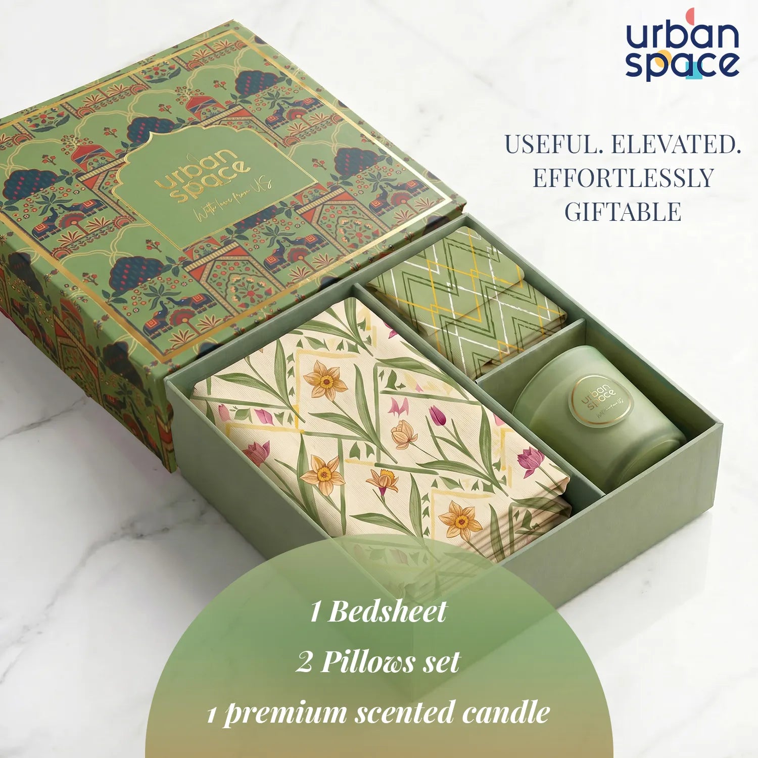 100% Cotton Bedsheet Set in a Premium Gift Box with Scented Candle - Spring Sage Green