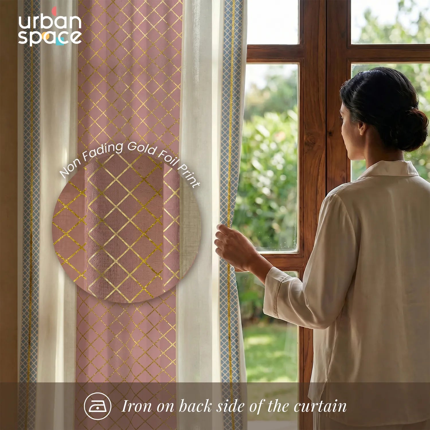 100% Cotton Gold Foil Curtains for Living Room, Bedroom curtains - Pack of 2 curtains, Zari Jaal Dusty Pink Gold