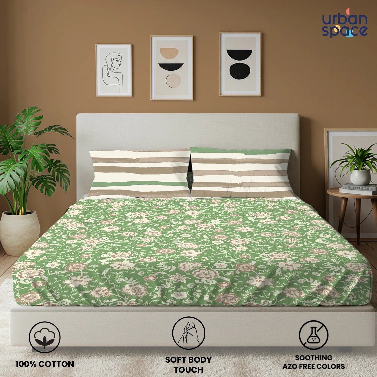 Divine Collection - Cotton Bedsheet With 2 Pillow Covers, Viola Sage Green