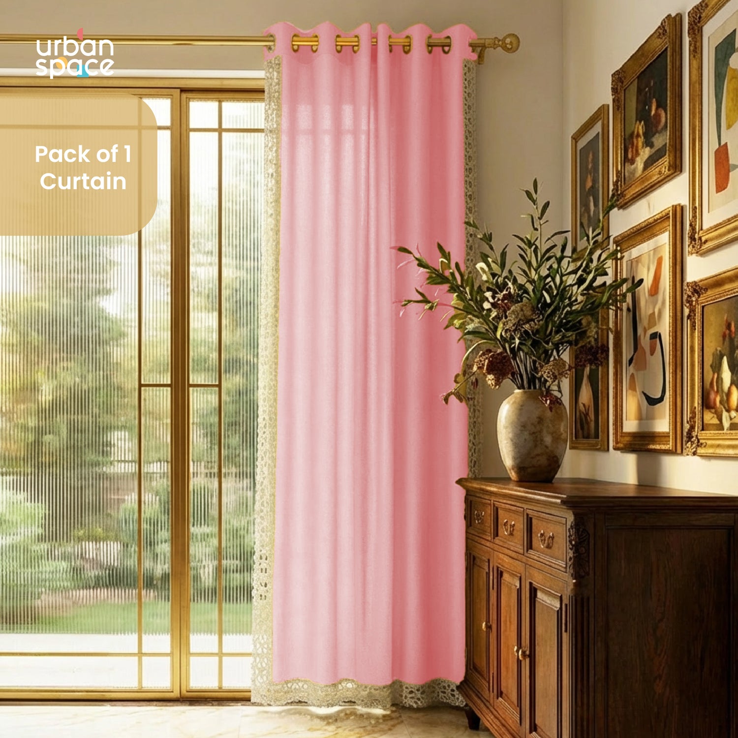 Premium 100% Cotton Curtain for Window & Curtains for Door with Lace Trim - Pack of 1, Aura Dusty Pink