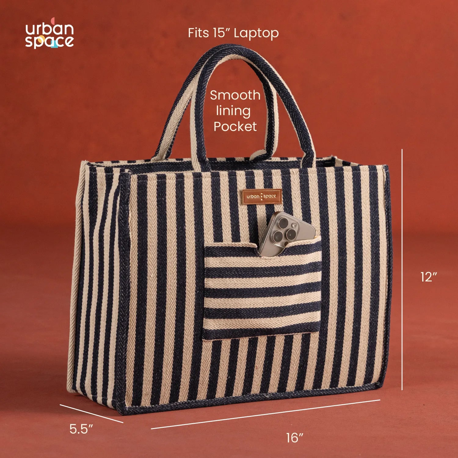 Sustainable Office and Casual Travel Bag for her in Gift Box, Navy Stripes