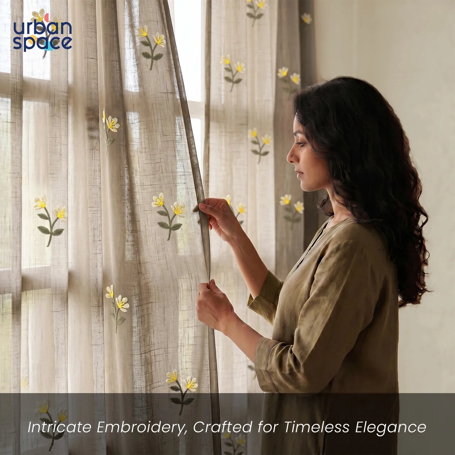 Embroidered Light Filtering Curtains, Pack of 1 - Neerja Pastel Yellow