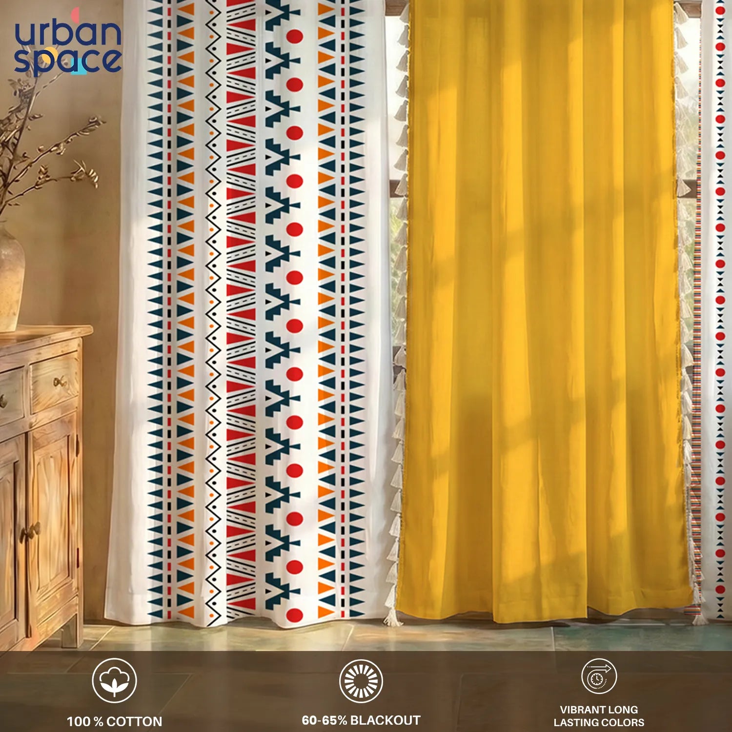Cotton Curtains Combo, Set of 3 curtains, 60-65% Room Darkening Curtain - Ikat Orange & Aura Yellow