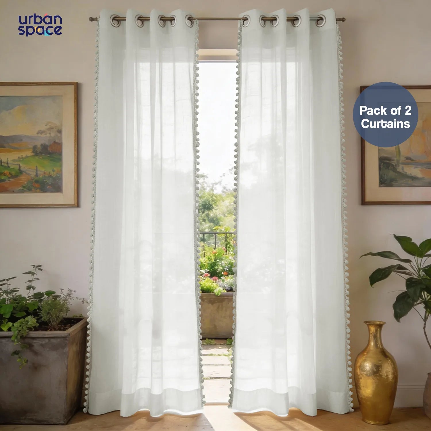 Sheer Curtain for Living Room with linen texture, Net Curtain for balcony, Pack of 2 Curtains - White with pom pom