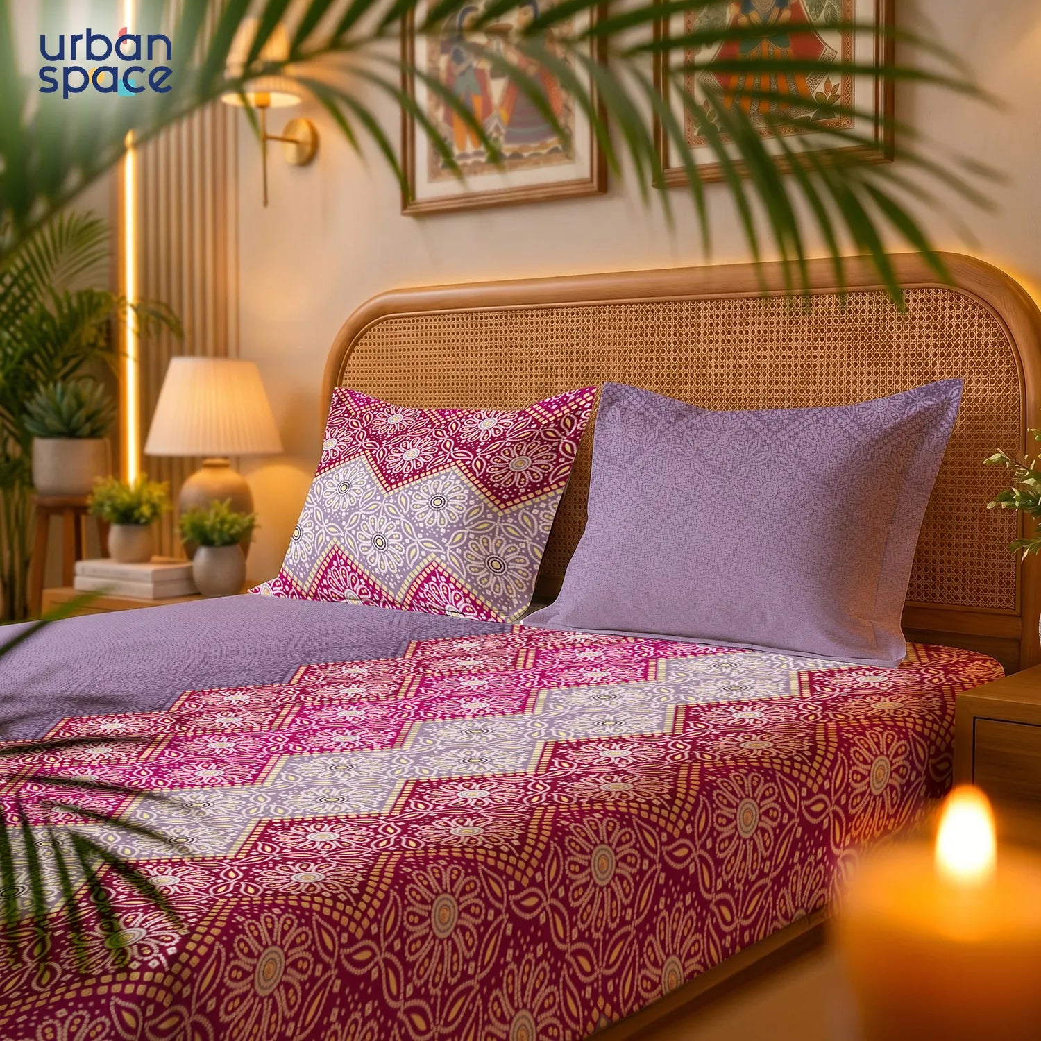 Serene 200 TC 100% Cotton Bedsheet with Pillow Covers - Lehriya Dusty Purple