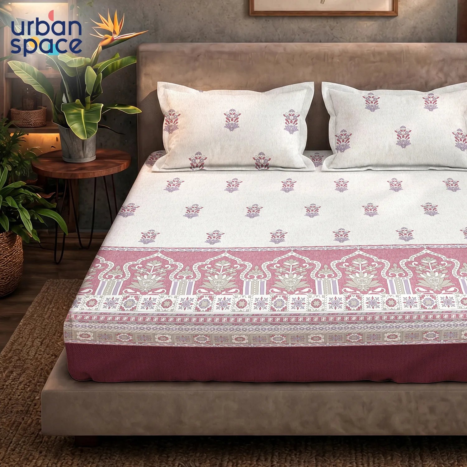 Serene 200 TC 100% Cotton Bedsheet with Pillow Covers - Palace Dusty Pink