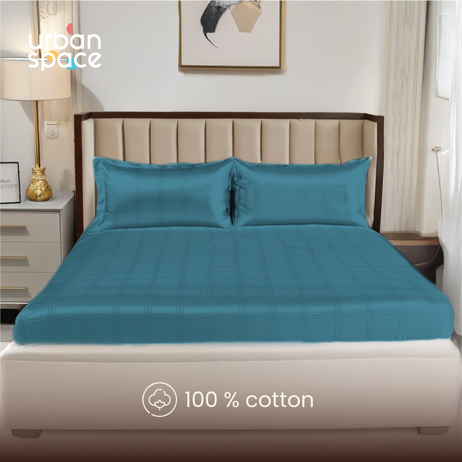 300 TC Super Soft King Bedsheet, Self Woven Checks Design - Dark Teal Checks