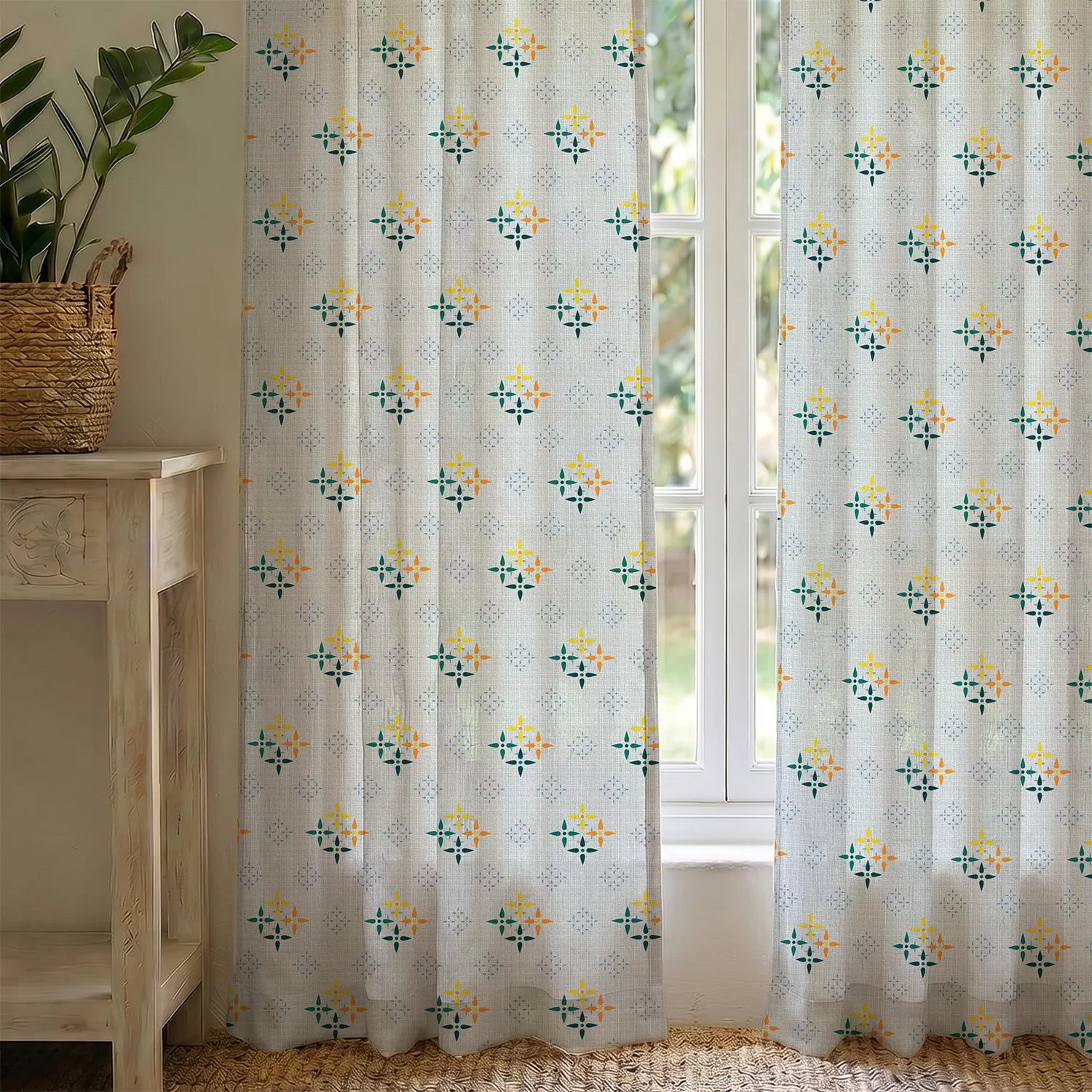 100% Cotton Curtains for Living Room, Bedroom curtains - Pack of 2 curtains, Mosaic - Yellow & Blue