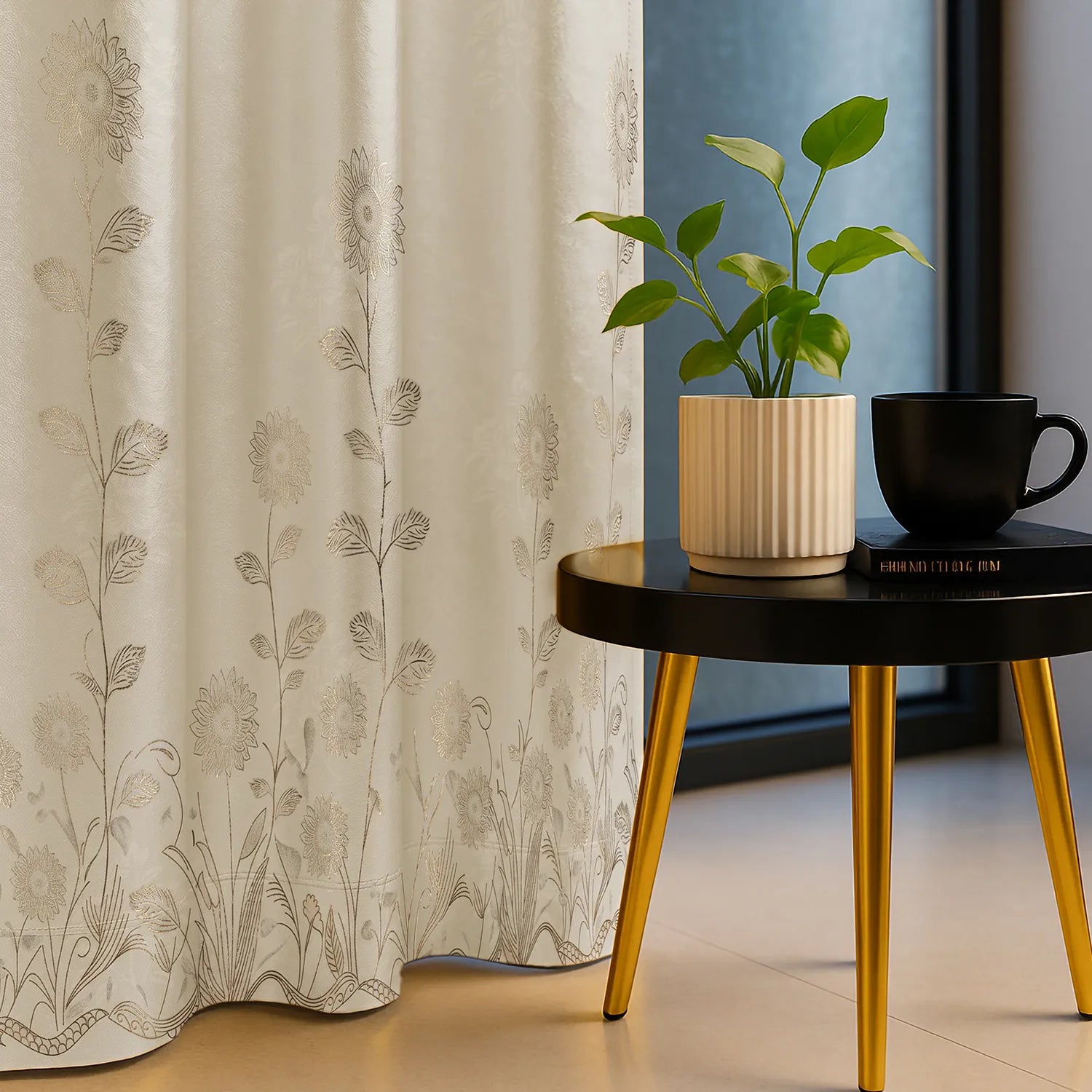 Metallic Foil Printed 100% Blackout Curtains - Pack of 1 Curtain - Reva Beige