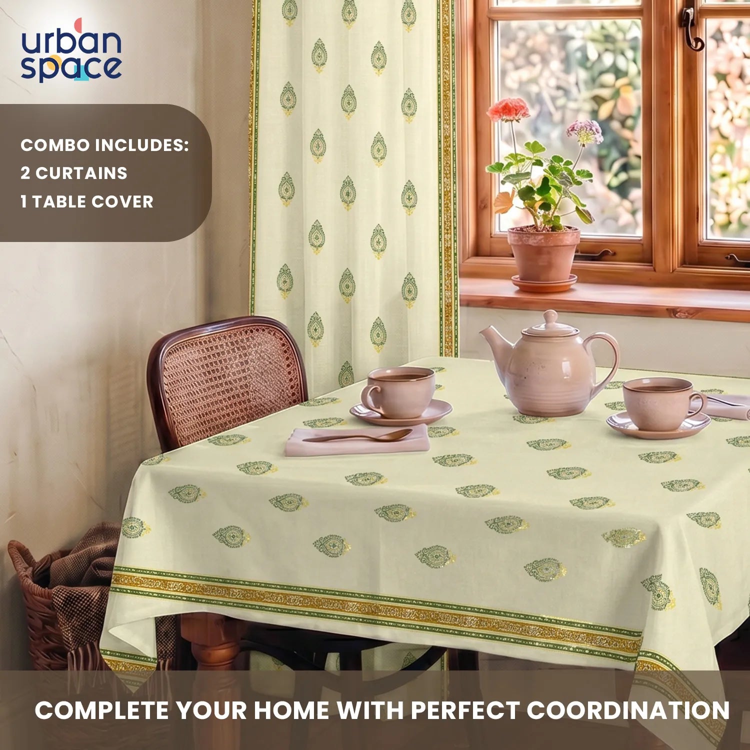 100% Cotton Pack of 2 Curtains & Table Cover Combo for Living Room - Zari Buta Sage Green Gold