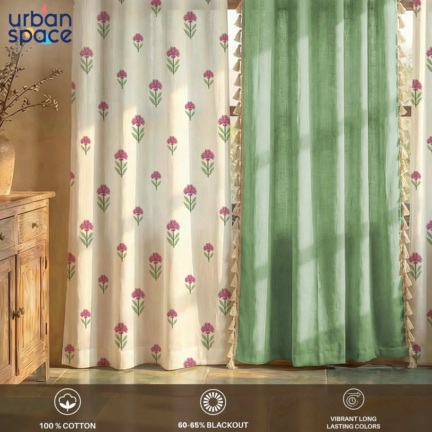 Cotton Curtains Combo, Set of 3 curtains, 60-65% Room Darkening Curtain - Aster Pink & Aura Sage Green