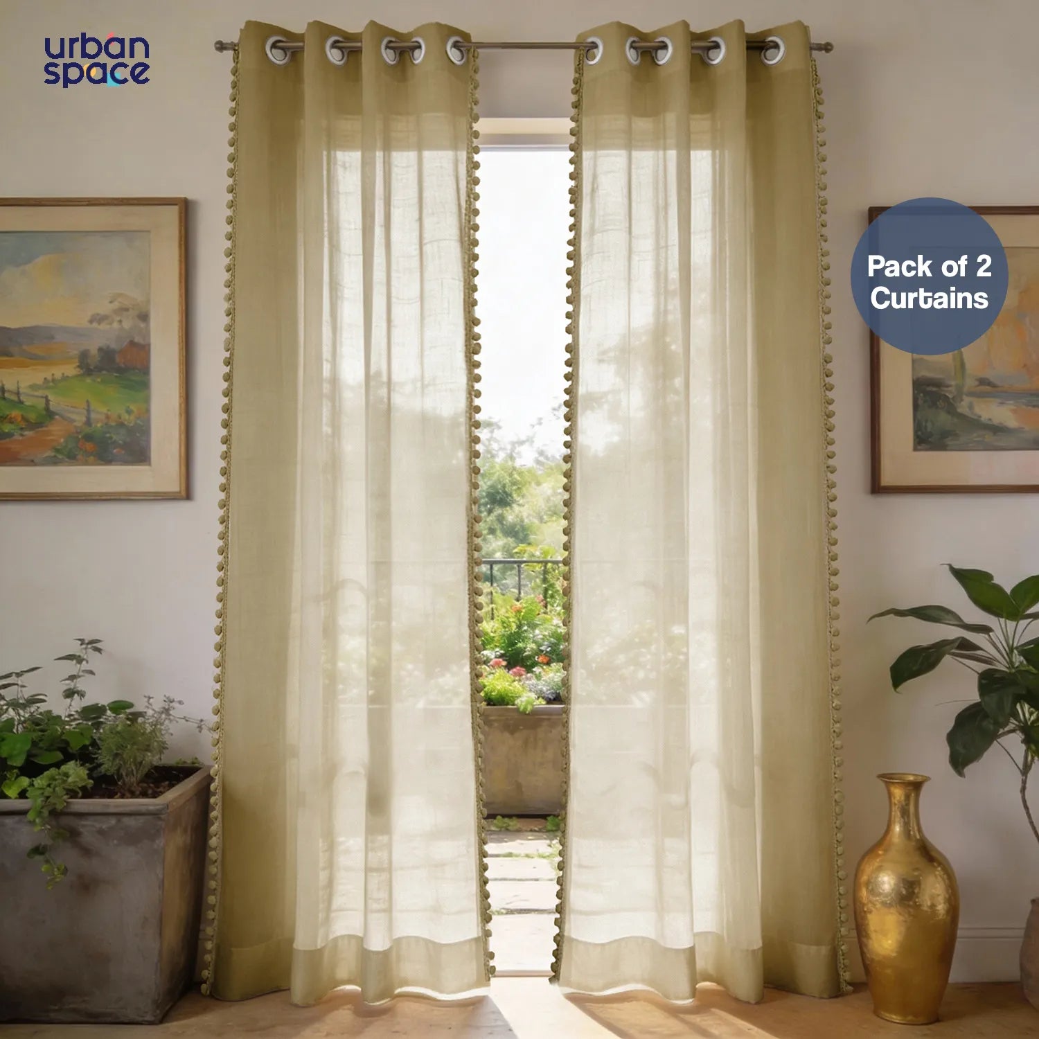 Sheer Curtain for Living Room with linen texture, Net Curtain for balcony, Pack of 2 Curtains - Taupe with pom pom