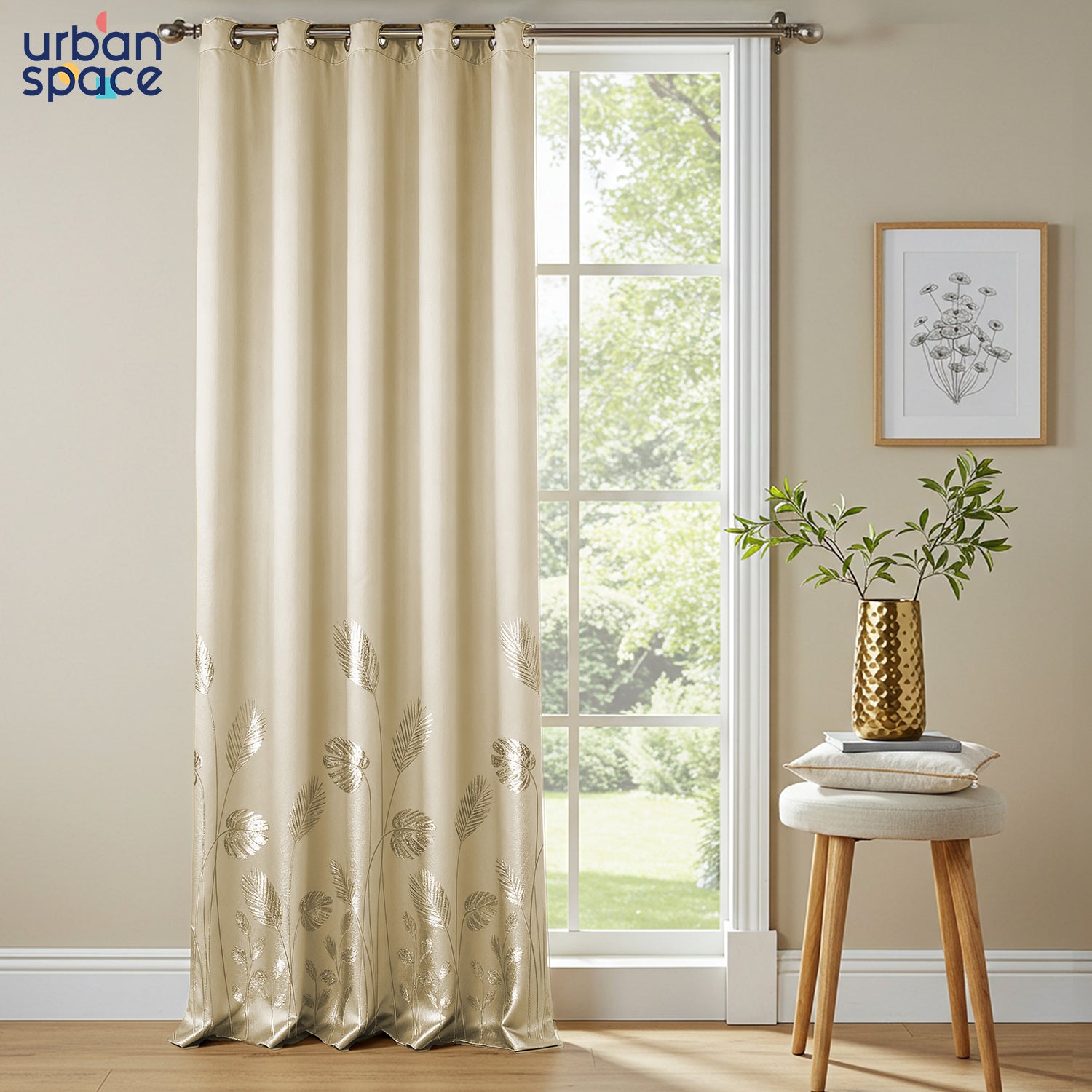 Metallic Foil Printed 100% Blackout Curtains - Pack of 1 Curtain - Aurika Beige