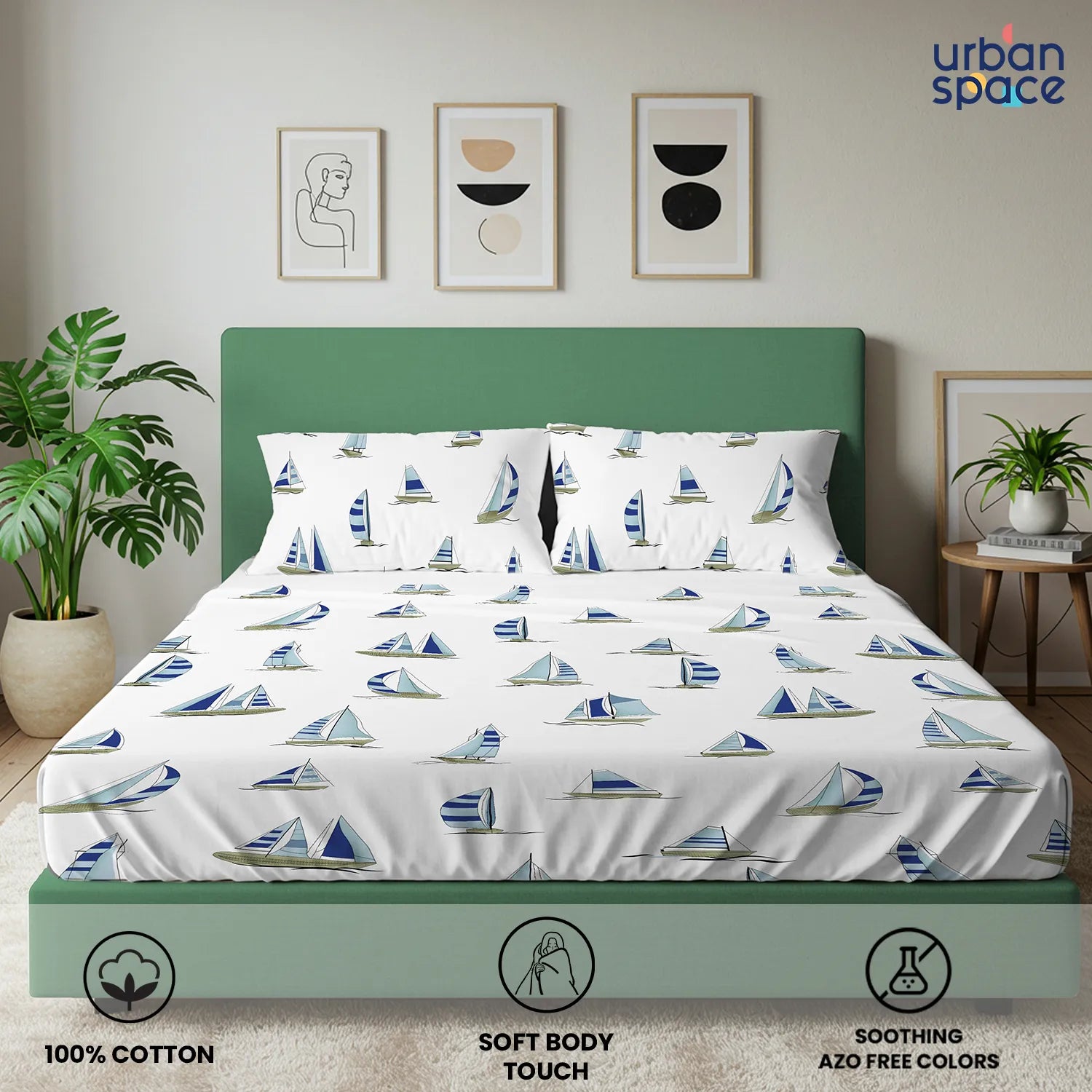 Divine Collection - Cotton Bedsheet With 2 Pillow Covers, Ocean Boats Blue