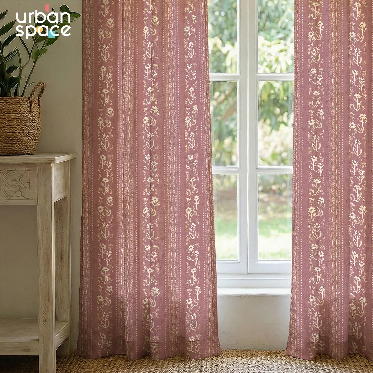 100% Cotton Curtains for Living Room, Bedroom curtains - Pack of 2 curtains, Garden trail muddy pink