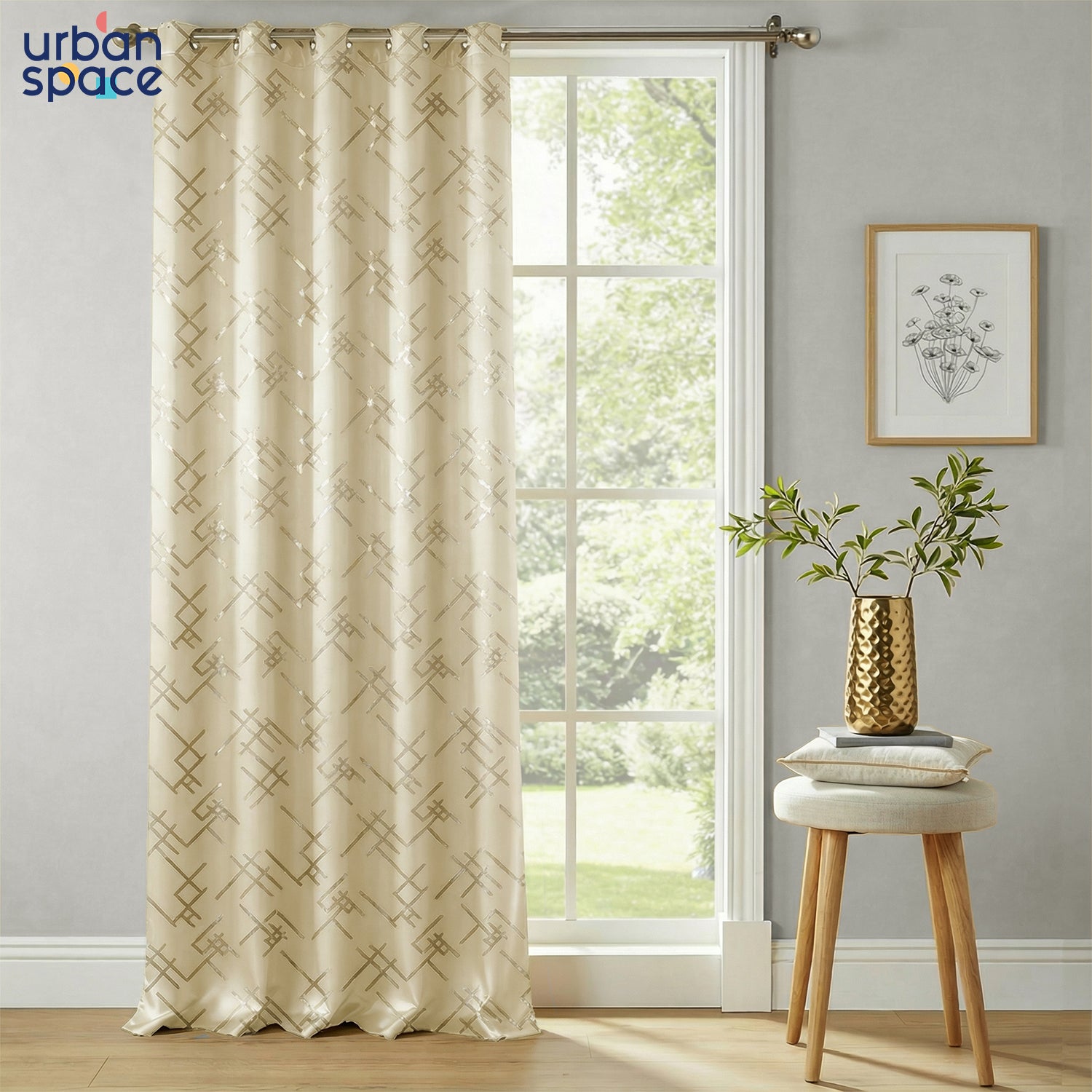 Criss Cross Beige Metallic Foil Printed 100% Blackout Curtain – Pack of 1
