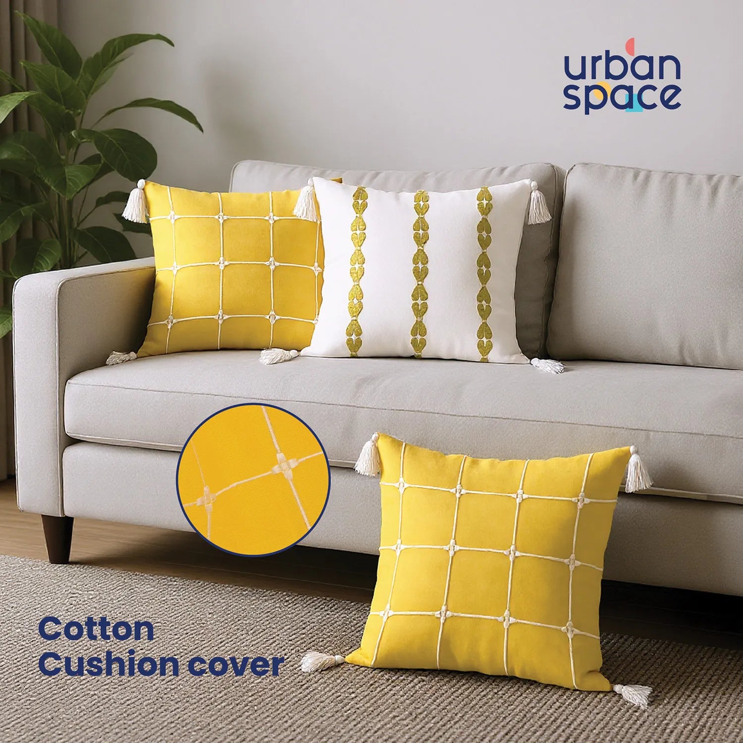 Embroidered Cotton Cushion Cover, for Sofa, Bedroom, Living Room - Set of 3 - Aura Checks Yellow