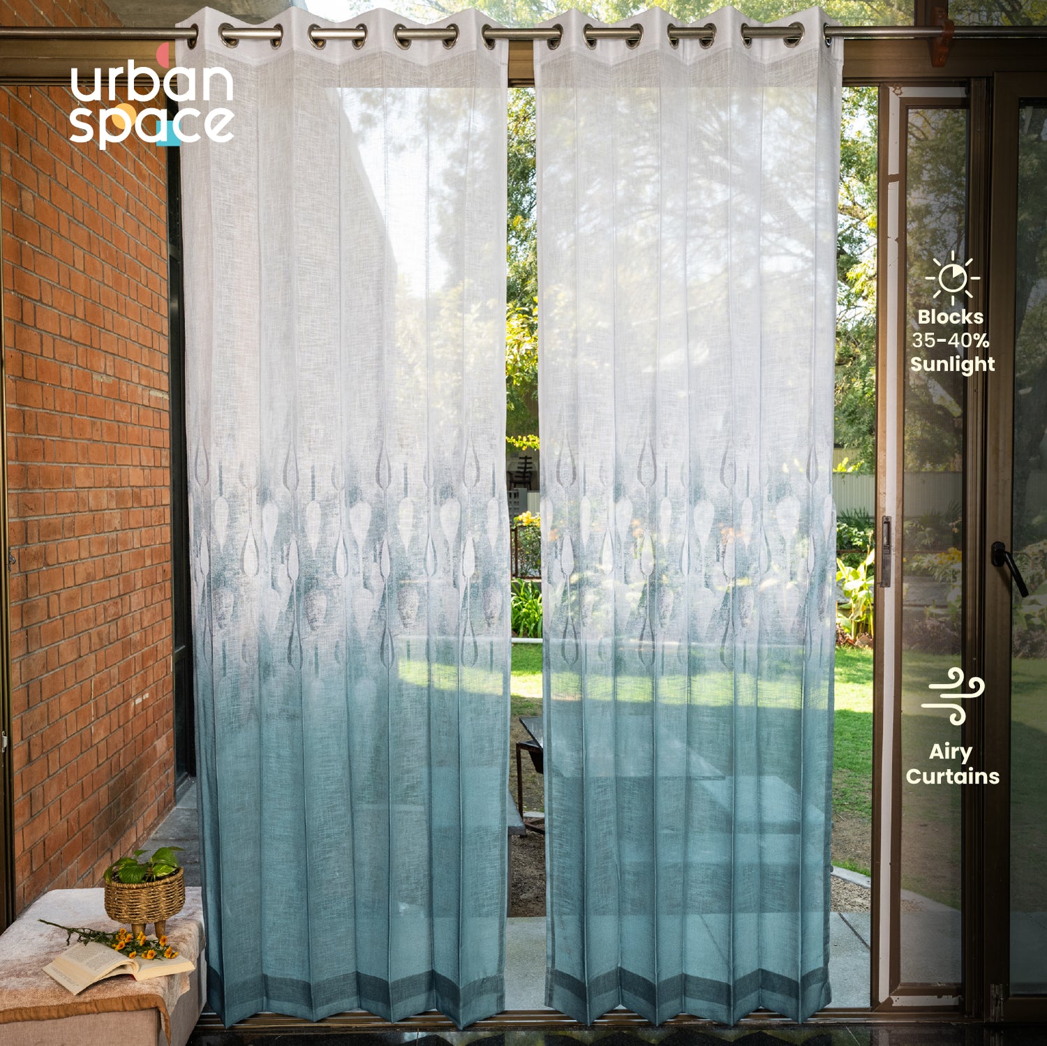 Sheer Curtains, Linen Textured & Digital Printed, Pack of 2 - Sea Mist Turquoise