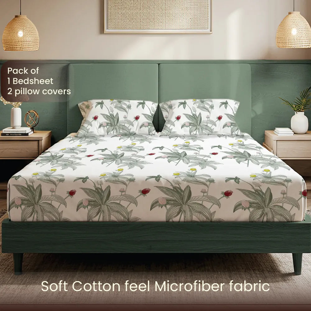 200 TC Glaced Cotton Microfiber Bedsheet with Pillow Covers - Leaf Dreams