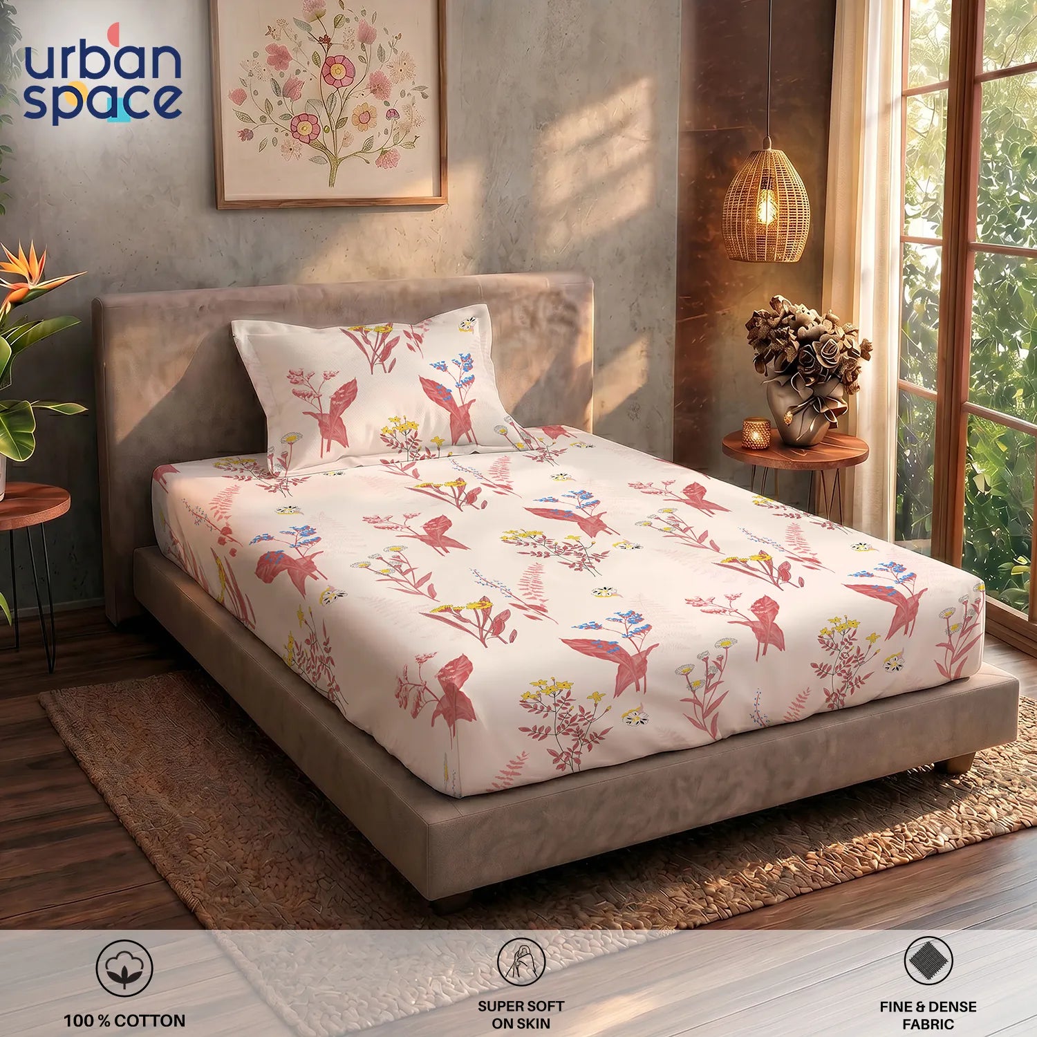 Serene 200 TC 100% Cotton Single Bedsheet with Pillow Covers - Whisper Peach