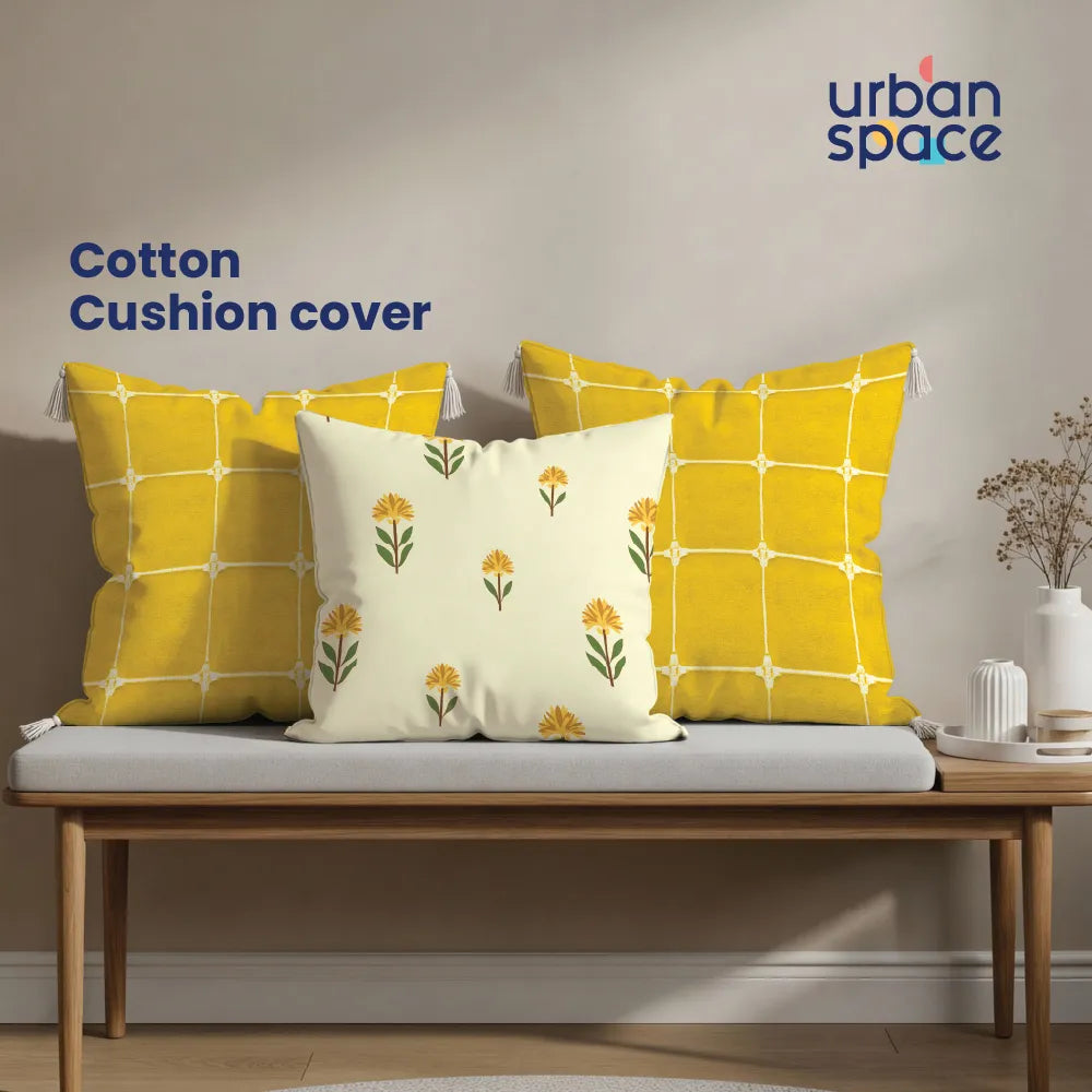 Cotton Cushion Covers, Throw Pillow for Couch - Aster Yellow & Aura Checks Yellow with White Tassels