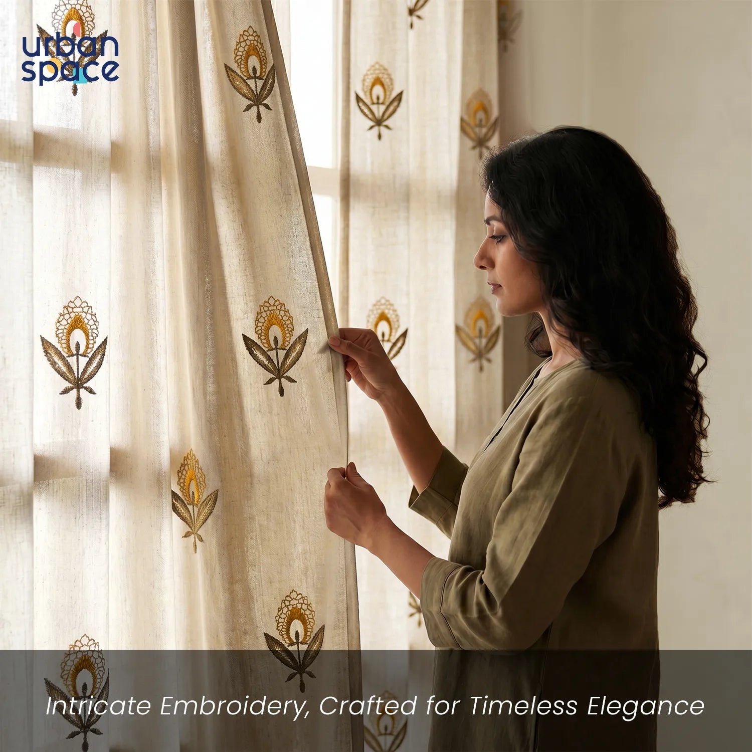 Embroidered Light Filtering Curtains, Pack of 1 - Saanjhi Amber Brown