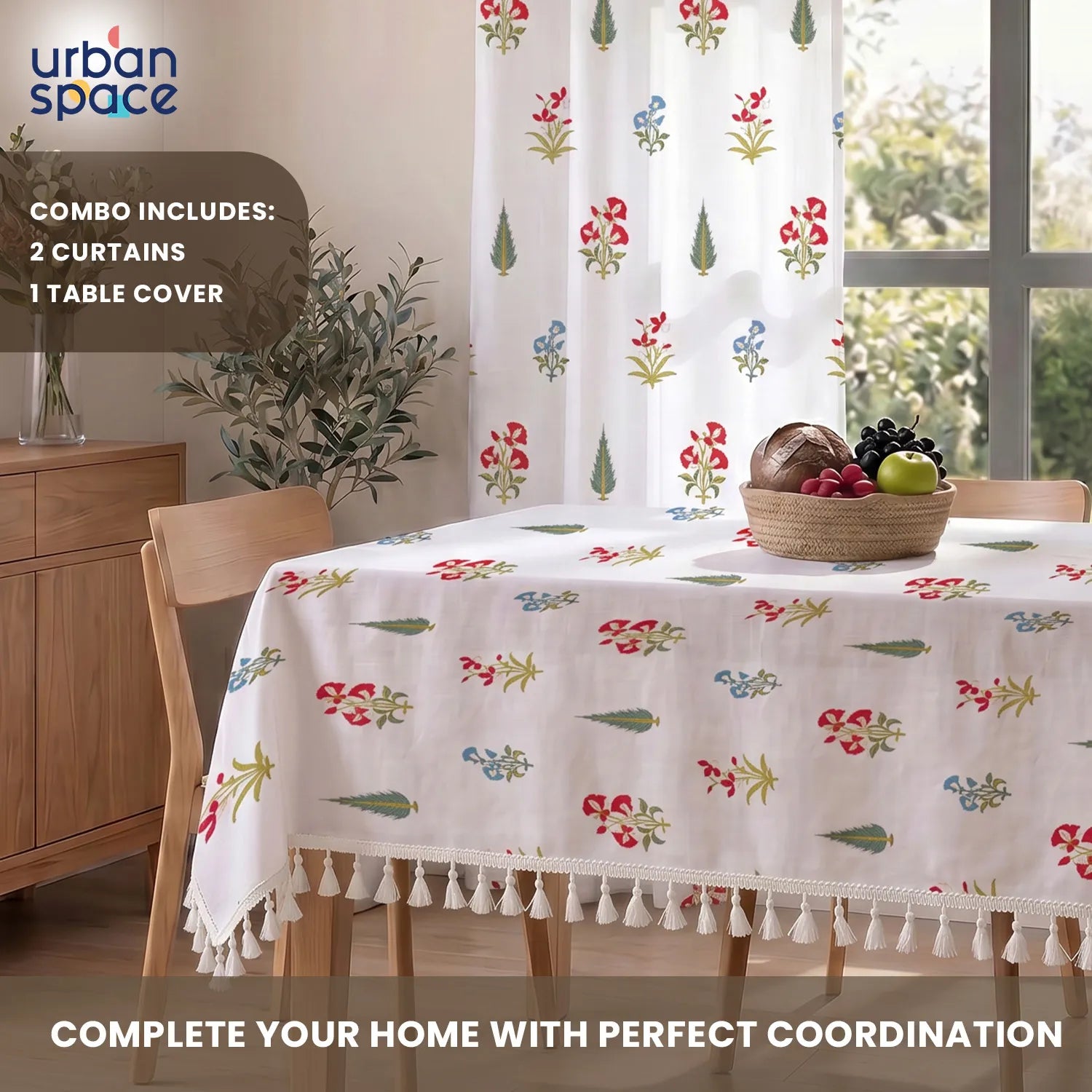 100% Cotton Pack of 2 Curtains & Table Cover Combo for Living Room - High Garden Red