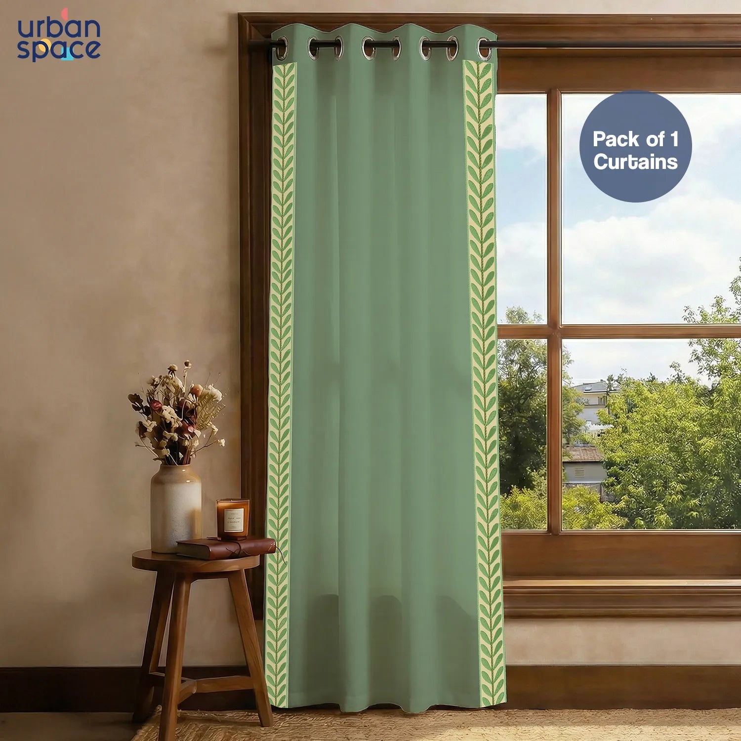 Premium 100% Cotton Curtain for Window & Curtains for Door with Lace Trim - Pack of 1, Sage Green - Leaves Lace Green