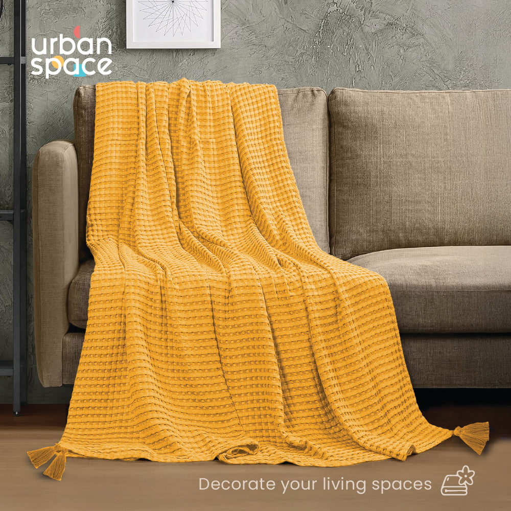 Lifestyle Throw for Couch and Travel, 100% Cotton, in Gift Box - Mustard