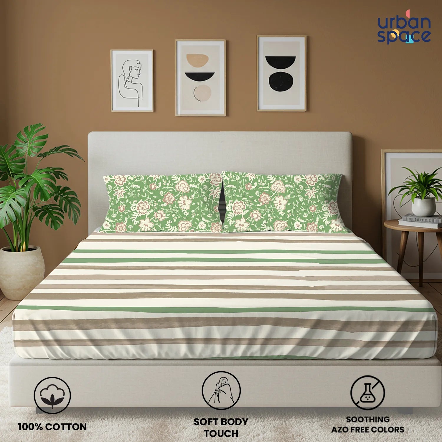 Divine Collection - Cotton Bedsheet With 2 Pillow Covers, Streak Sage Green