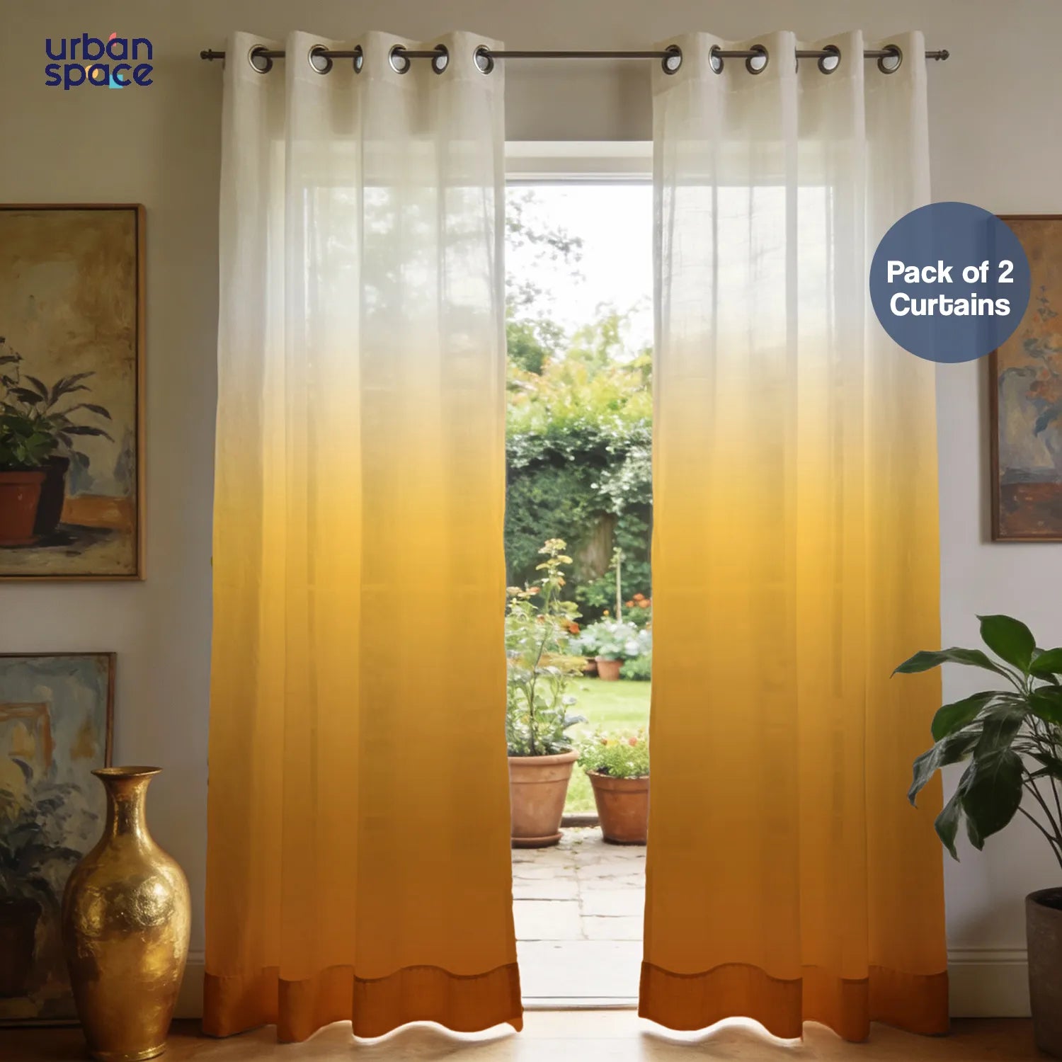 Sheer Curtains, Linen Textured & Digital Printed, Pack of 2 - Sunset Ombre