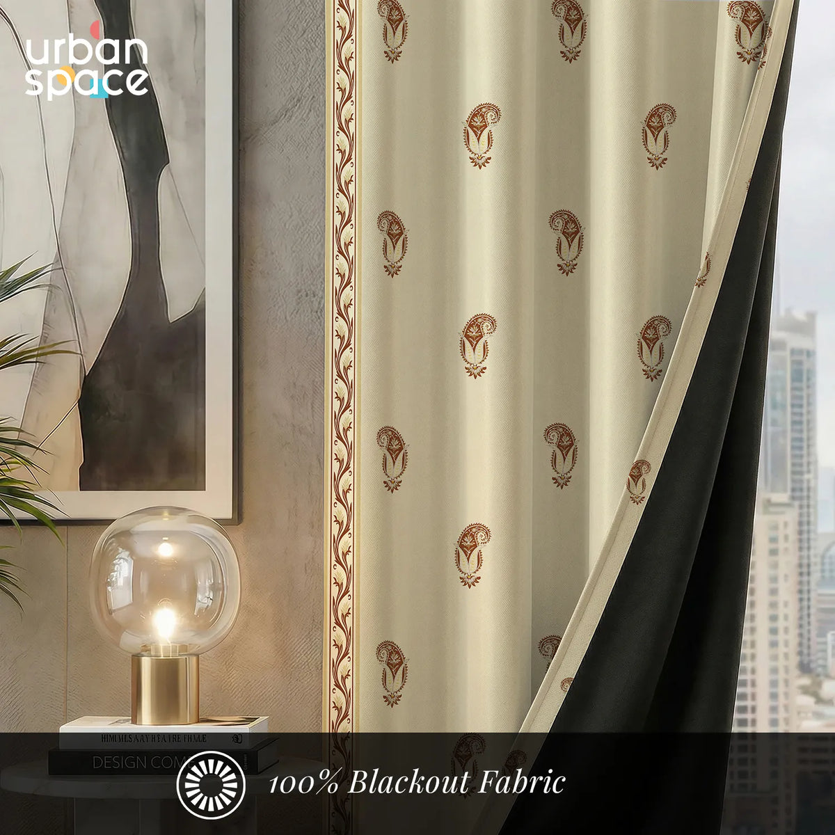 Digital Printed 100% Blackout Curtains, Pack of 2 Curtains - Jaipur Paisley Rust