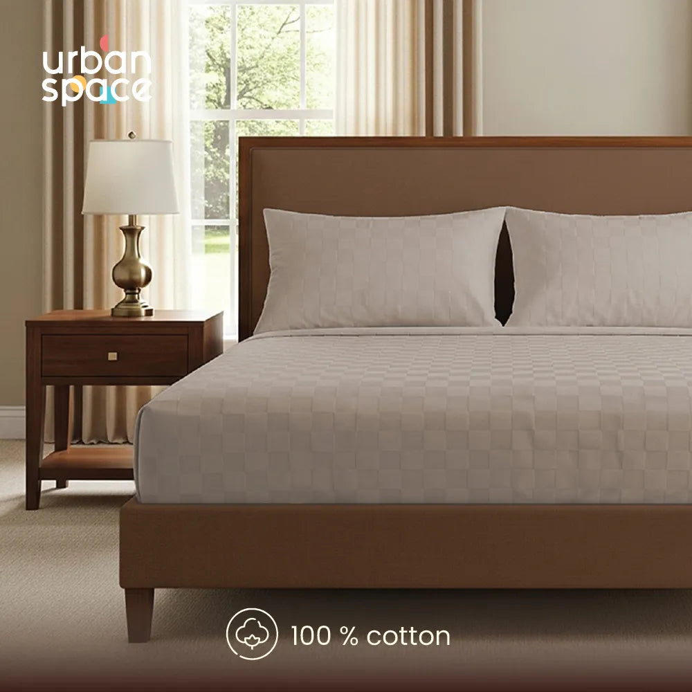 300 TC Super Soft King Bedsheet, Self Woven Cubes Design - Soft Brown Cubes