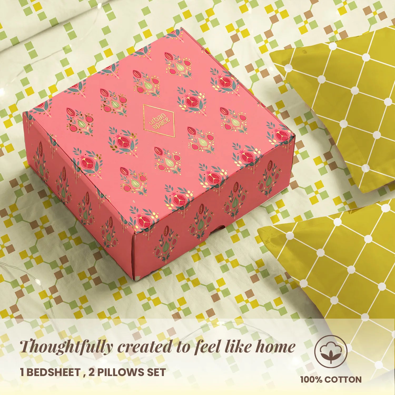 144 TC 100% Cotton Bedsheet Set in Gift Box - Zen Blocks Yellow